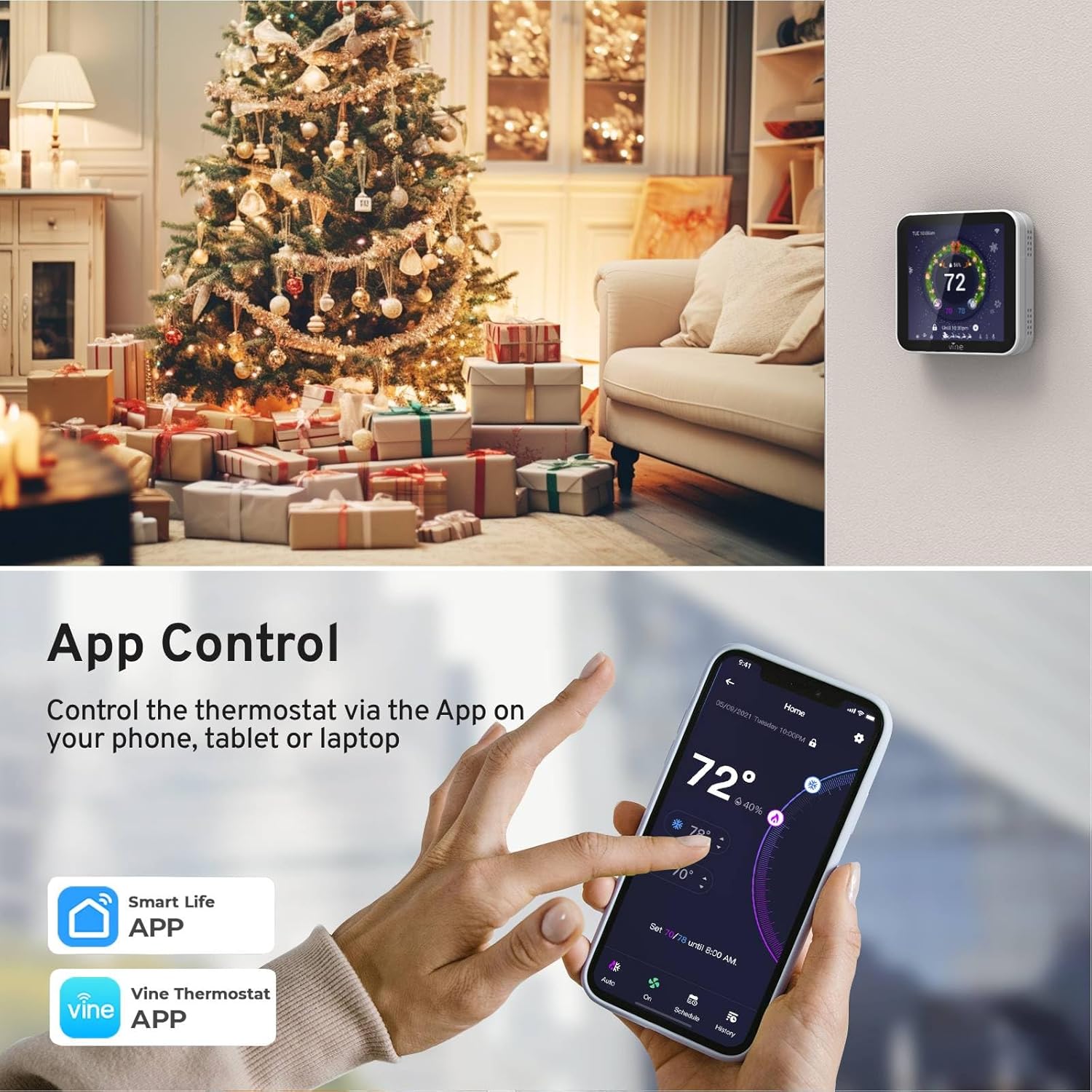 Vine Smart Thermostat - WiFi Programmable Thermostat for House - Compatible with Alexa and Google Assistant, 4.0" Touch Screen Christmas Valentine's Day Optional Wallpaper, C-Wire Required