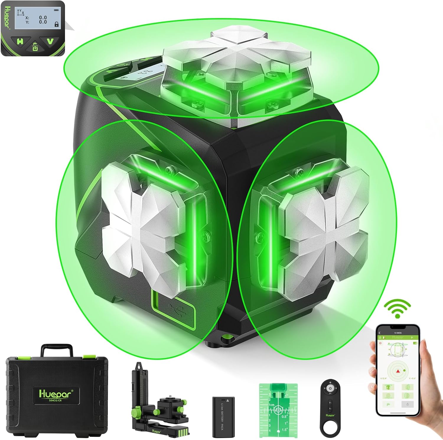 Huepar Laser Level, Self Leveling 12 Lines Cross Line Laser with LCD Screen 3 x 360° Bluetooth Connected Green Beam Laser Tool, 3D Horizontal & Vertical Laser Line -Remote Control&Rechargeable Battery