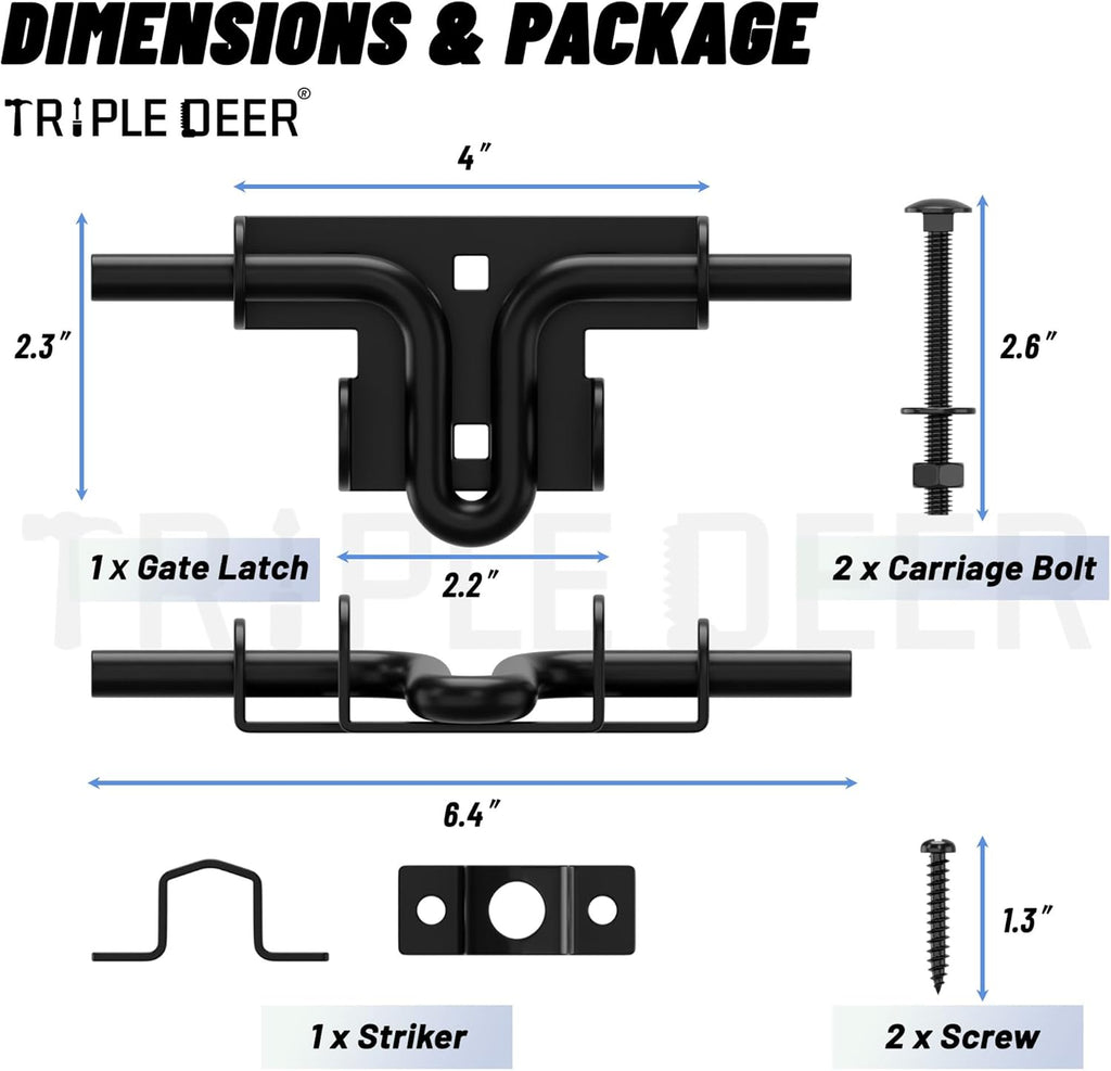 TRIPLE DEER Heavy Duty Sliding Bolt Gate Latch with Padlock Hole & Carriage Bolt, Slide Bolt Hardware for Wooden Fence/Yard Fence/Shed Door/Barn Door, Black, 1 Pack