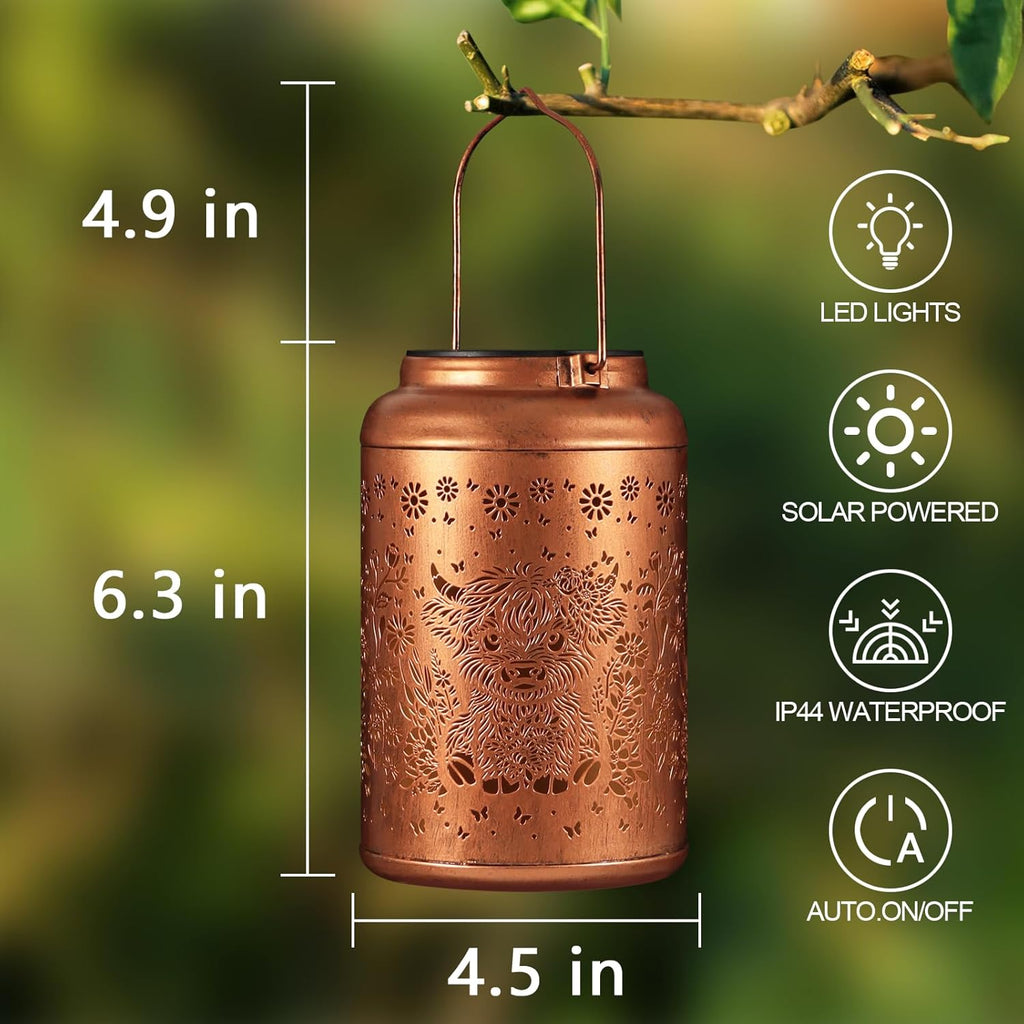 Solar Lanterns Outdoor Waterproof Garden Decor Birthday Gifts for Women Mom Grandma Hanging Solar Lights Metal Decoration Outside for Yard, Patio (Highland Cattle)