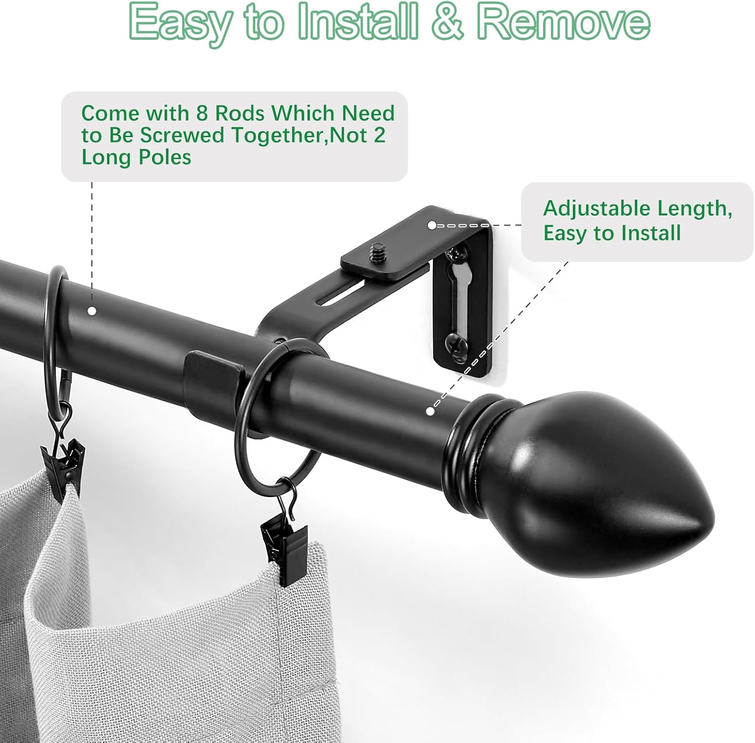 Curtain Rods for Windows 16 to 120 inches, Curtain Rod Max Adjustable Length to 132 in, Drapery Rod 1 inch Diameter with Modern Knobs Finials (Black, 16" to 120" - Set of 1)