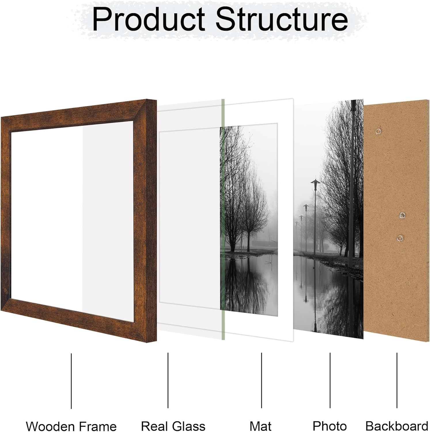 iRahmen 12x12 Picture Frame Set of 4 with Tempered Glass, Rustic Frame Display 10x10 Pictures with Mat or 12 x 12 Without Mat, Wood Square Photo Frames for Desktop Display and Wall Mounting