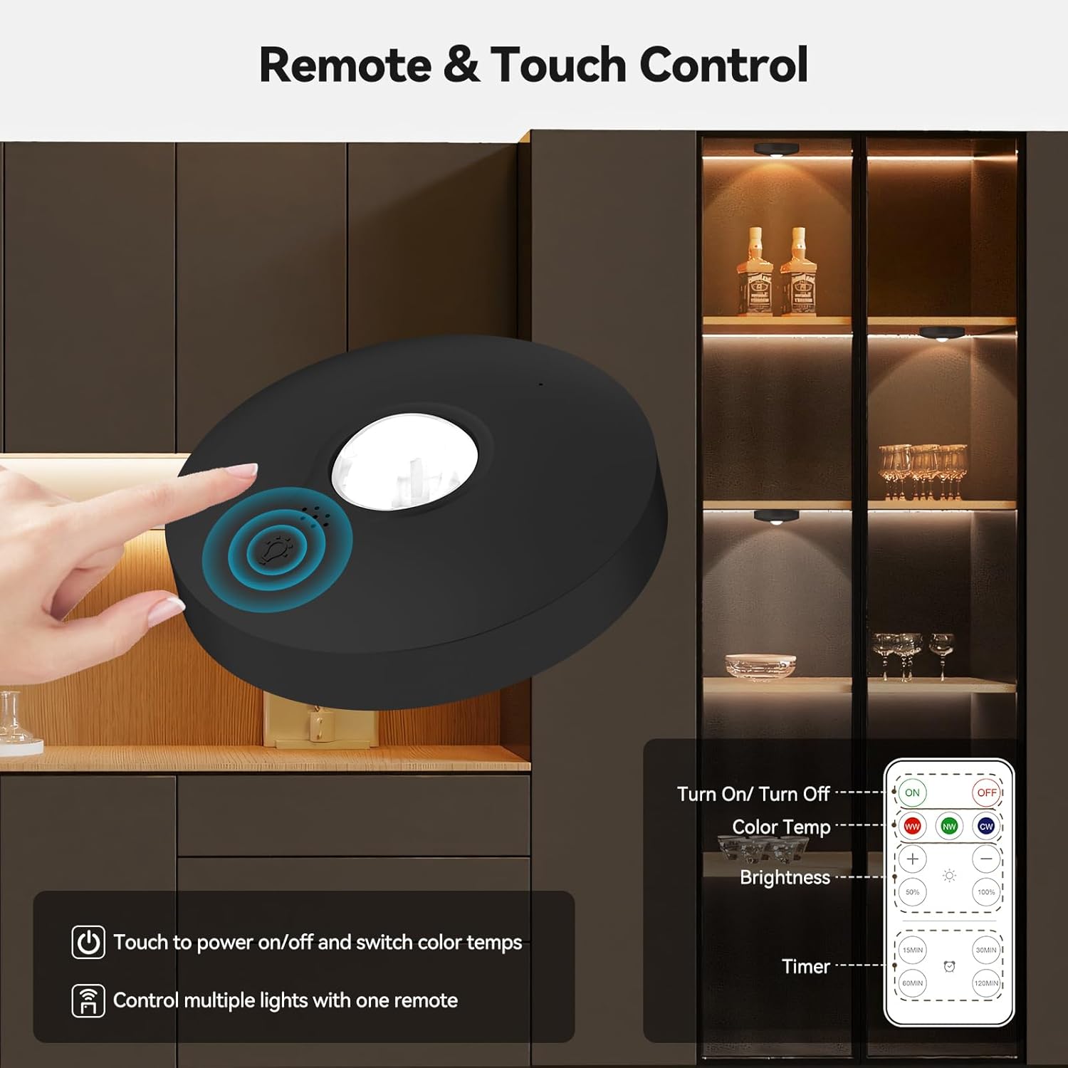 Yiliaw Rechargeable Puck Lights with Remote, 6 Pack Magnetic Under Cabinet Lighting, 1500mAh Battery Operated LED Tap Lights with Dimmer & Timmer for Kitchen, Closet, Shelf - 3 Color Temps, Black