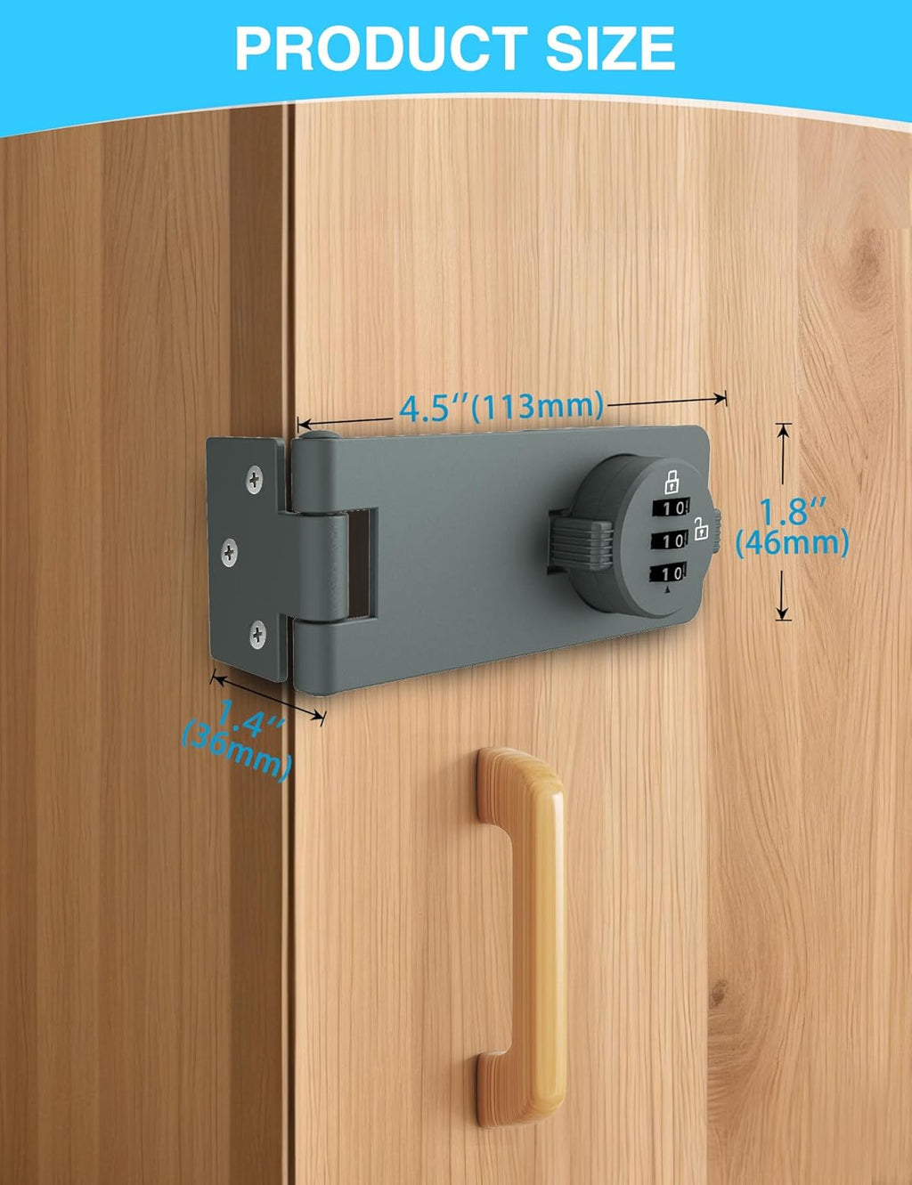 Keyless Cabinet Combination Lock, 3-Digit Password Twist Knob Hasp Latch for Doors, Cabinets, Drawers, Barn Door, Bathroom, Outdoor, Closet, Fence, Durable Zinc Alloy, (Gray, 1 Pack)