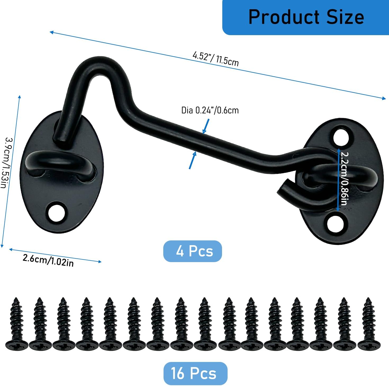 4 Pack 4" Hook and Eye Gate Latch, Stainless Steel Rust-Resistant Barn Door Lock Cabin Hooks for Gate Shutters Window Slide Barn Shed Cabinet Bathroom, with 16pcs Screw,Black