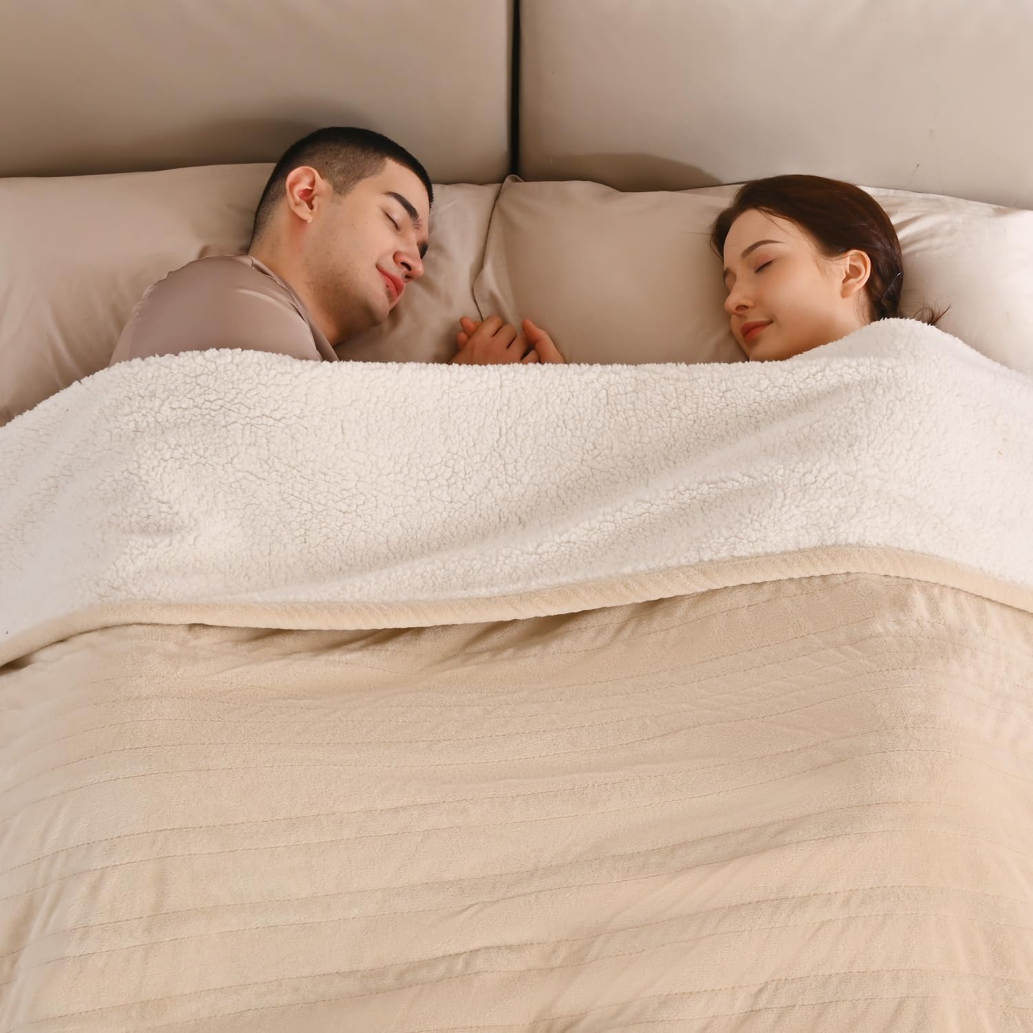 Bearhug Electric Blanket King Size 100" x 90", Dual Controller Heated Blanket Beige, Velvet & Sherpa, 10-Heat Levels & 1-12H Auto Off, 5 Year Warranty, Over-Heat Protect, ETL, Machine Washable
