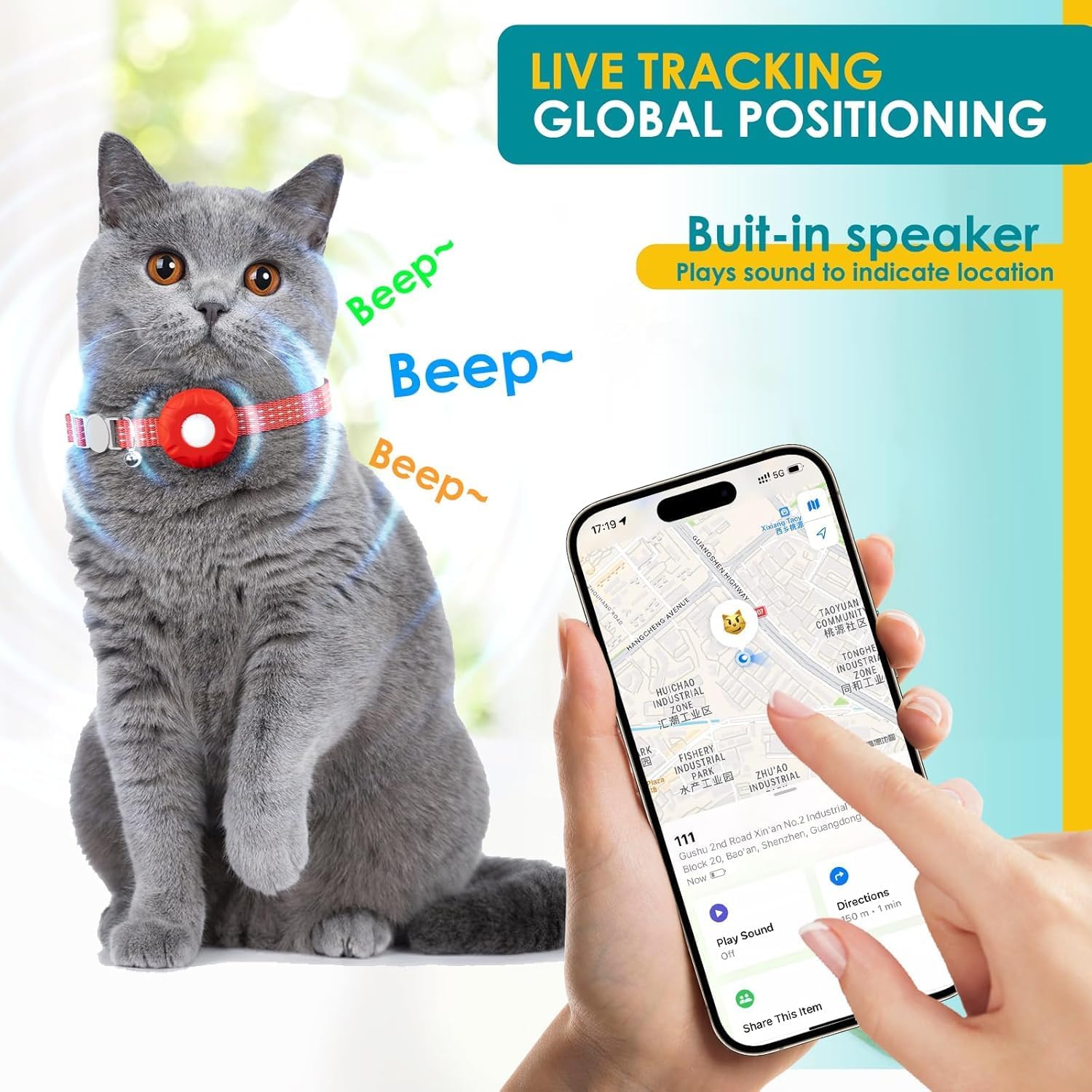Cat Tracker,Pet Tracker for Cats Compatible with Apple Find My App(Only iOS),Waterproof Tracker Cat Collar with Safety Elastic Buckle,No Monthly Fee,Works with Any Collar (Red)