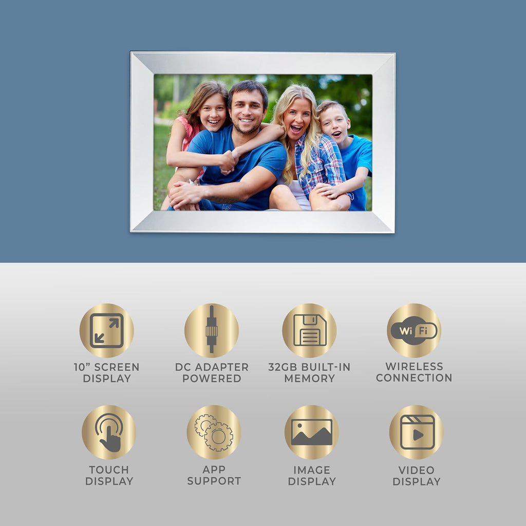 Brookstone 10" Digital Picture Frame with Video Playback, Weather Forecast, Wi-Fi, Clock, Speaker, 32GB Built-in Storage to Store Thousands of Images and Videos
