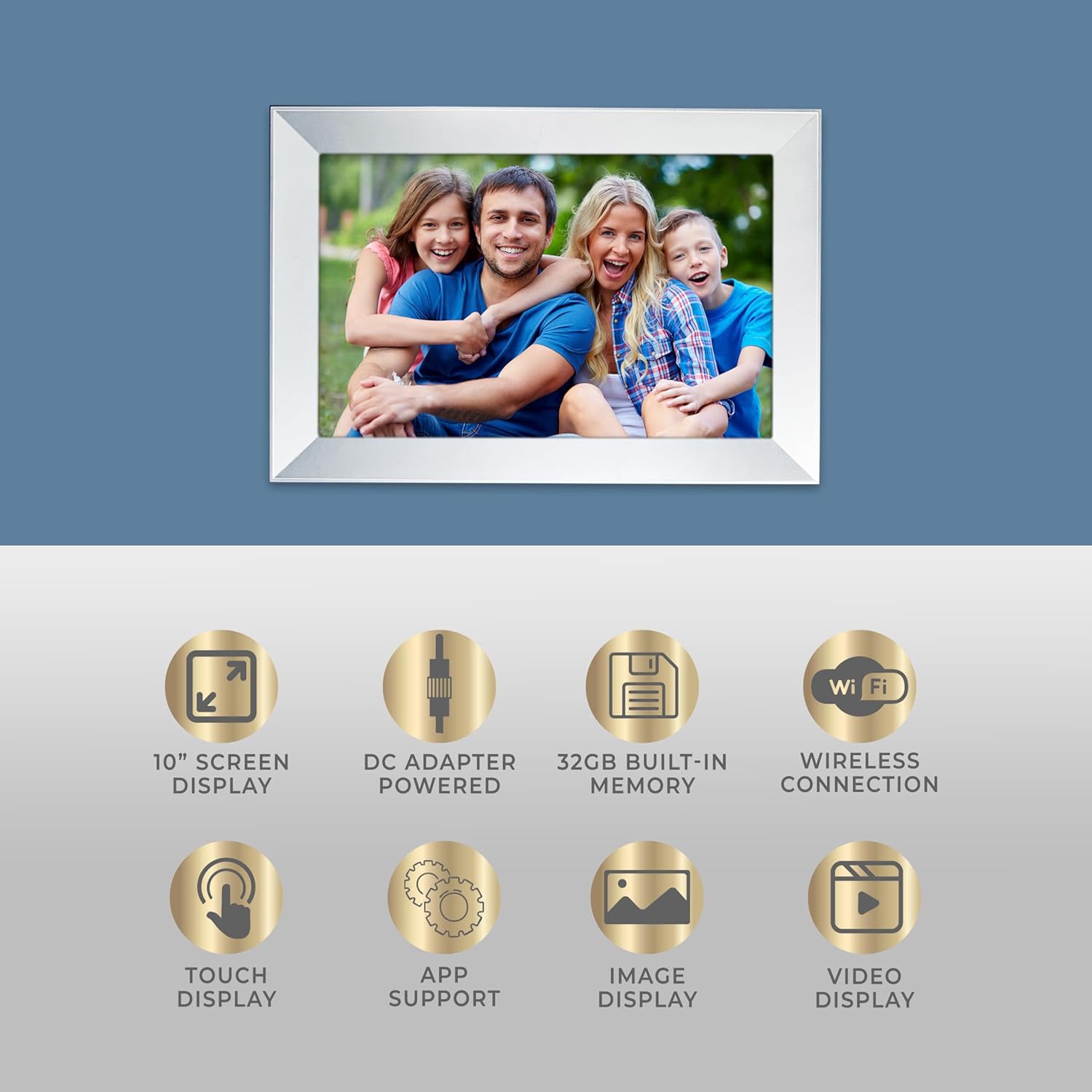 Brookstone 10" Digital Picture Frame with Video Playback, Weather Forecast, Wi-Fi, Clock, Speaker, 32GB Built-in Storage to Store Thousands of Images and Videos