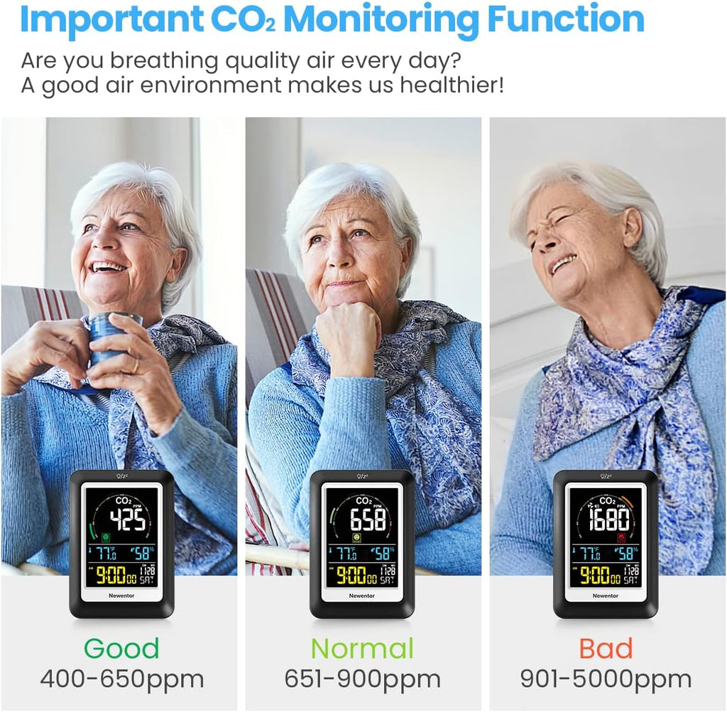 Newentor CO2 Detector with Indoor Temperature Humidity, CO2 Monitor with Clock Alarm, Carbon Dioxide Detector for Home, Portable Air Quality Monitor CO2 Meter Sensor for Tent Garden Plant, Black