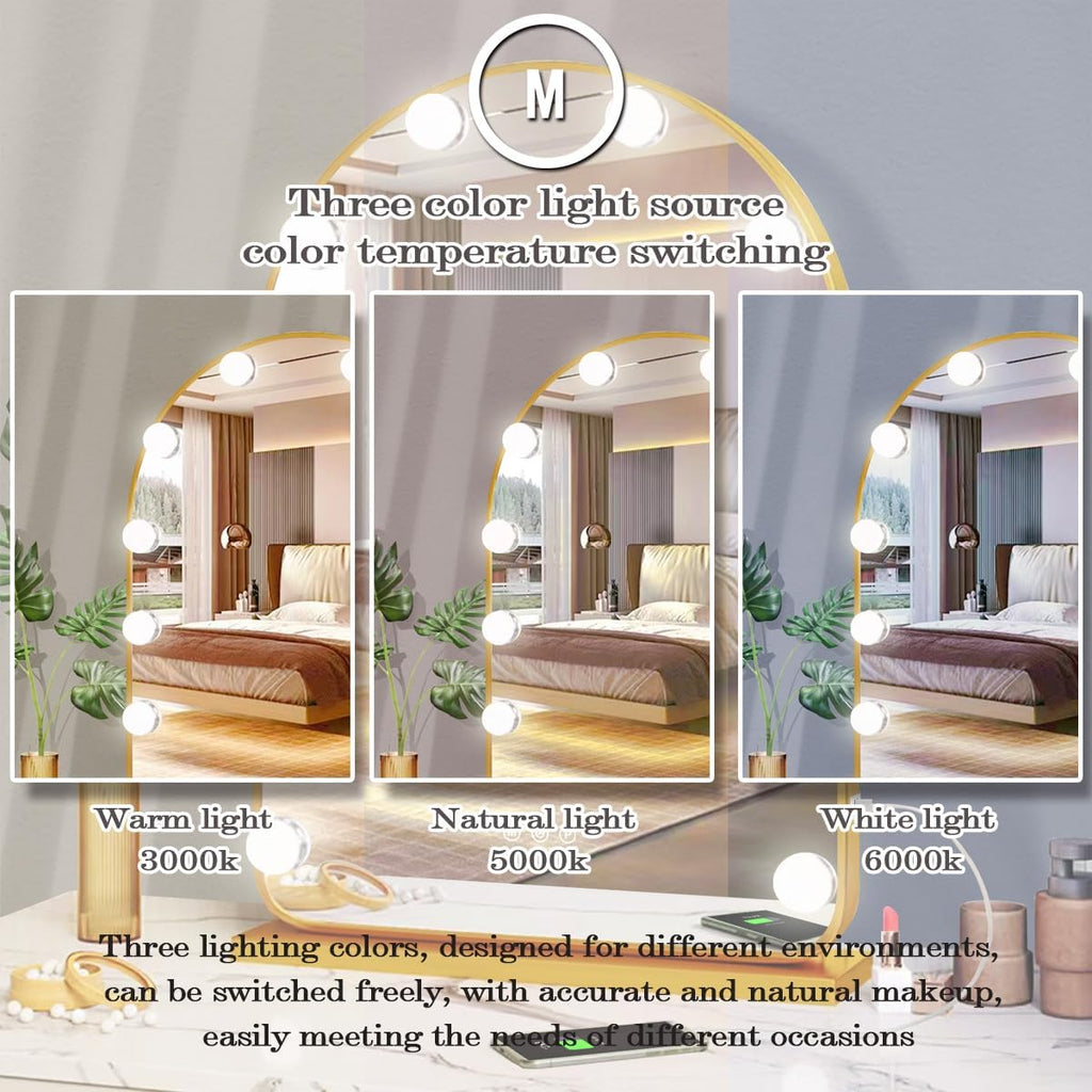 THEKLA Gold Arch Hollywood Vanity Mirror with Lights Dimmable 3Color 12 Bulbs Hollywood Vanity Lighted Mirror for Bedroom Wall Detachable Base Stand X10 Magnifying Arch Vanity Makeup Desk Table Mirror