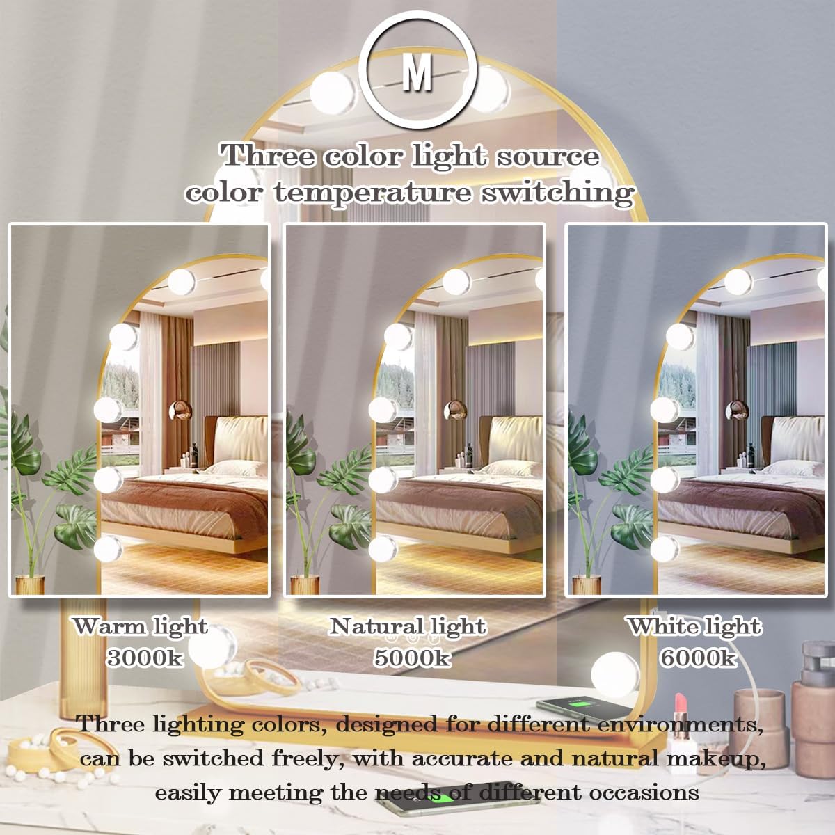 THEKLA Gold Arch Hollywood Vanity Mirror with Lights Dimmable 3Color 12 Bulbs Hollywood Vanity Lighted Mirror for Bedroom Wall Detachable Base Stand X10 Magnifying Arch Vanity Makeup Desk Table Mirror