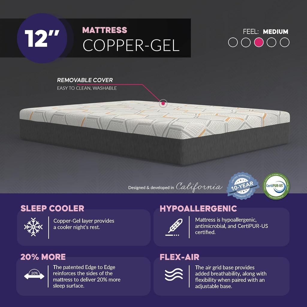 Blissful Nights e4 Cal King Split Adjustable Bed Base Frame with 12" Medium Firm Copper and Gel Infused Memory Foam Mattress