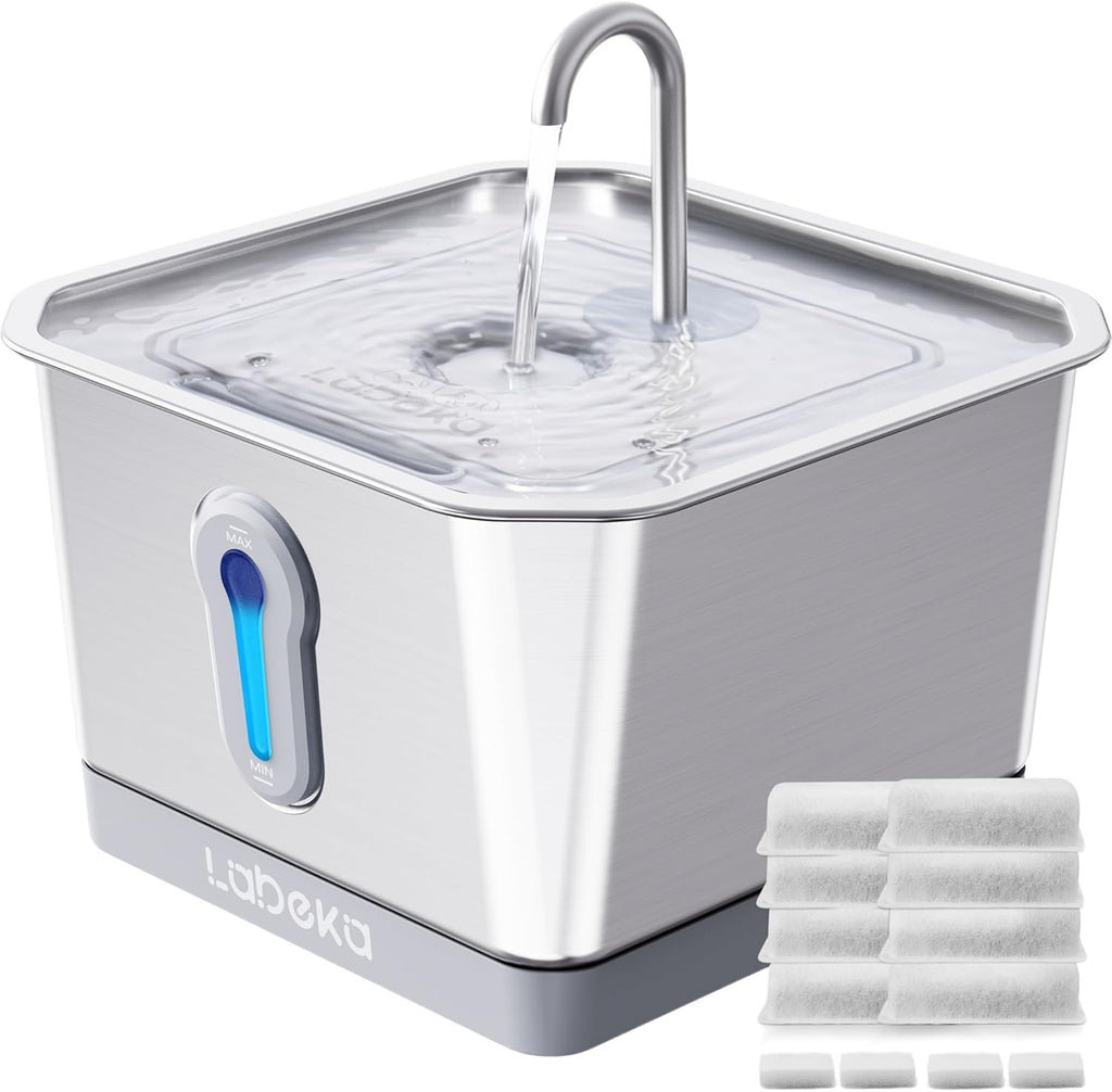Stainless Steel Cat Water Fountain 135oz/4L:Battery Operated Wireless Cat Fountains for Drinking Indoor, Automatic Pet Water Dispenser with Ultra Quiet Pump,Multi-Filtration