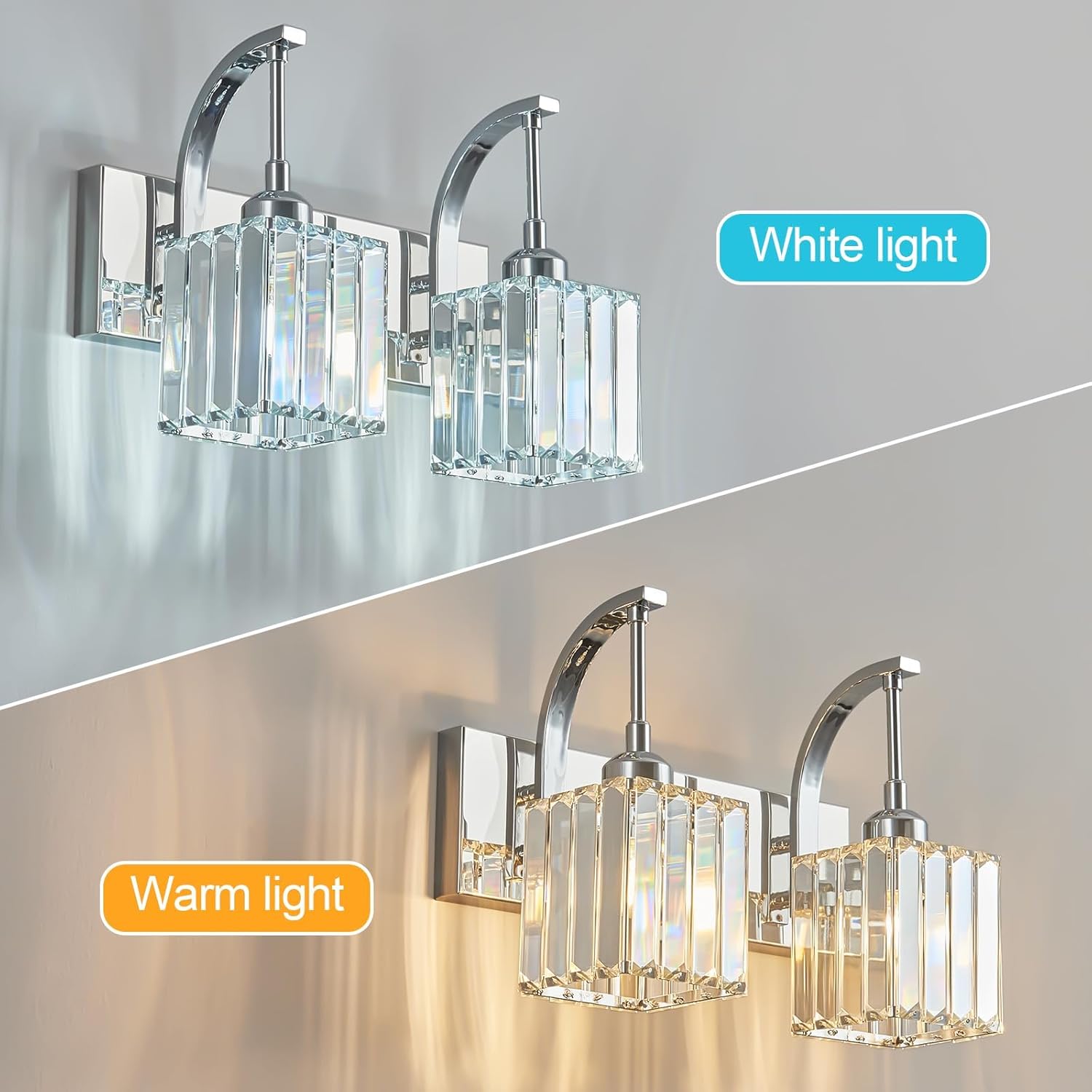 Crystal Vanity Lights 2-Light Chrome Wall Lamp Modern Crystal Bathroom Light Fixtures Over Mirror 13.77" Long Bathroom Wall Sconce