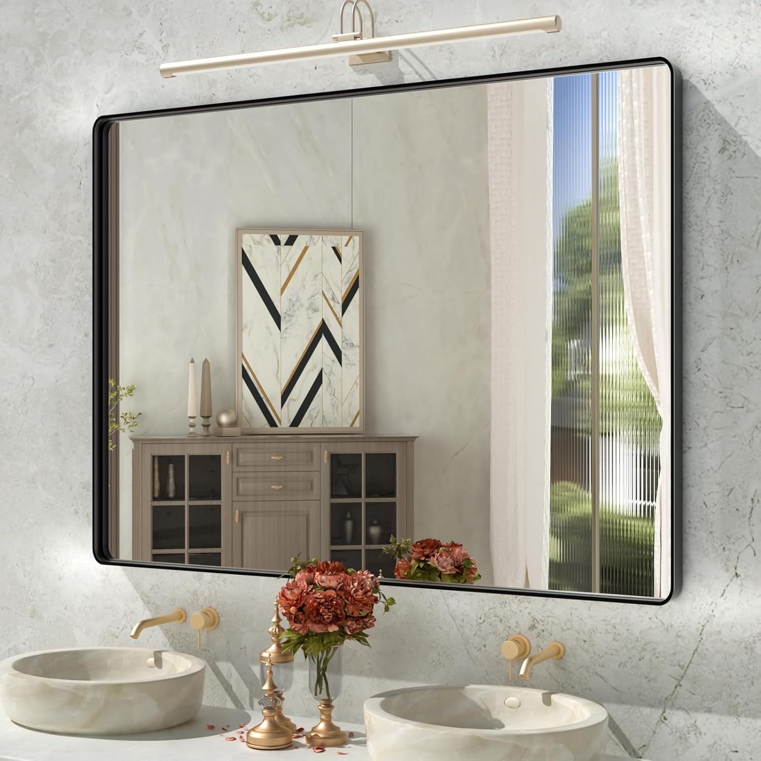 Black Bathroom Mirror,48x36 Inch Large Matte Black Bathroom Vanity Mirror,Rectangle Black Metal Framed Mirror for Wall,Anti-Rust,Shatter-Proof (Horizontal/Vertical)
