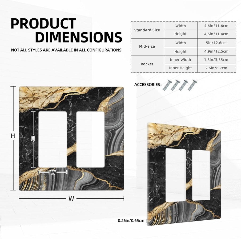 Decorative Outlet Covers Modern Abstract Black Gold Marble 2 Gang Light Switch Cover Plate Double Rocker Wall Plate Switch Plate Covers Faceplate for Bathroom Kitchen Decor （2 Pack）