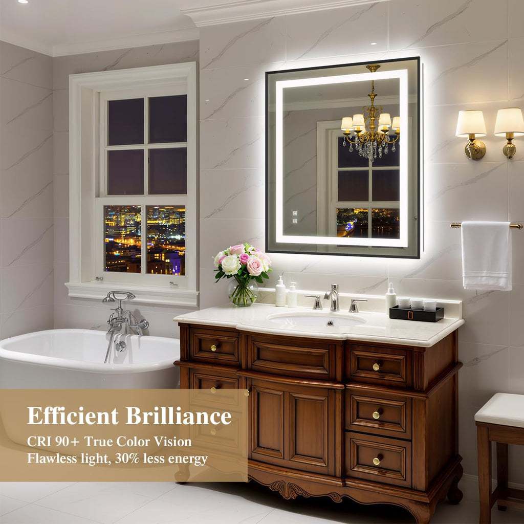 30X36 Inch LED Bathroom Mirror with Lights, Black Frame Frontlit+ Backlit Bathroom Vanity Mirror for Wall, Ultra-Clear Tempered Glass, Shatter-Proof, Anti-Fog and Memory Function, ETL Listed