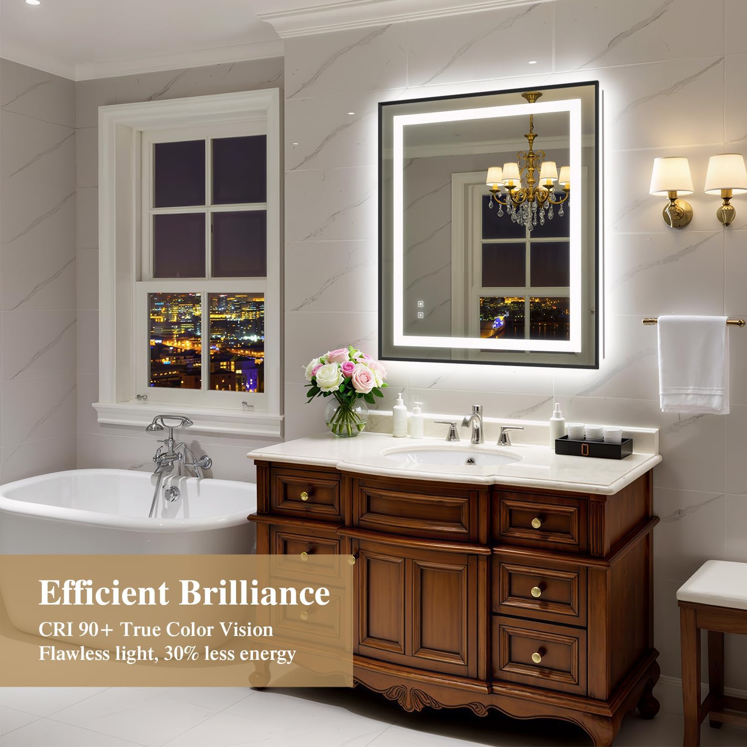 30X36 Inch LED Bathroom Mirror with Lights, Black Frame Frontlit+ Backlit Bathroom Vanity Mirror for Wall, Ultra-Clear Tempered Glass, Shatter-Proof, Anti-Fog and Memory Function, ETL Listed