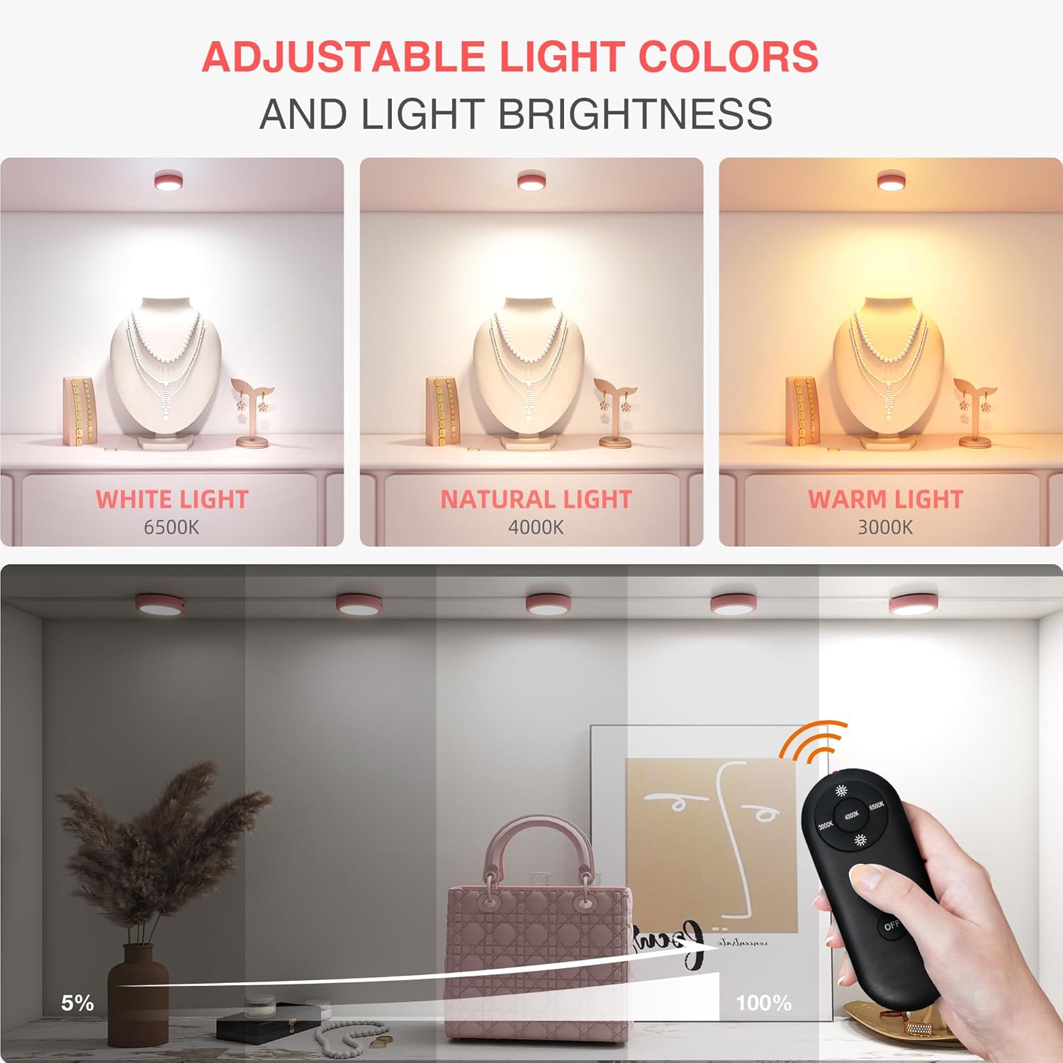 Rechargeable Puck Lights with Remote Control,LED Under Cabinet Light with Full-Screen,3 Color Temperatures Stick On Light Wireless, Tap Lights for Kitchen,Cabinet,Counter,Closet,Shelf,2 Pack, Pink