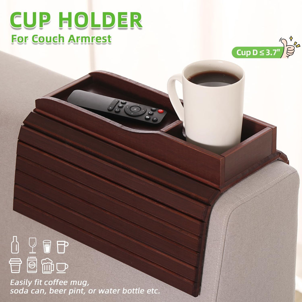 GEHE Couch Cup Holder, Anti Falling Sofa Arm Tray, Natural Bamboo Sofa Cup Holder More Safe for You Family, Portable Couch Arm Tray Armrest Table for Remote, Snacks, Phone, Drinks