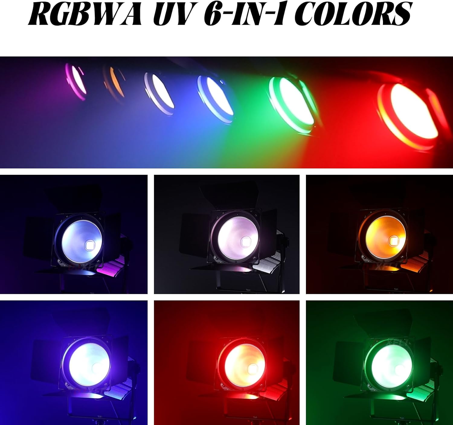 COB Stage Lights with Barn Doors, COB Par Light 200W LED RGBWAUV, DMX512 Master-Slave Sound DJ Lighting Spotlight Fresnel for Church Concert Wedding (6-Colors Style, 1)