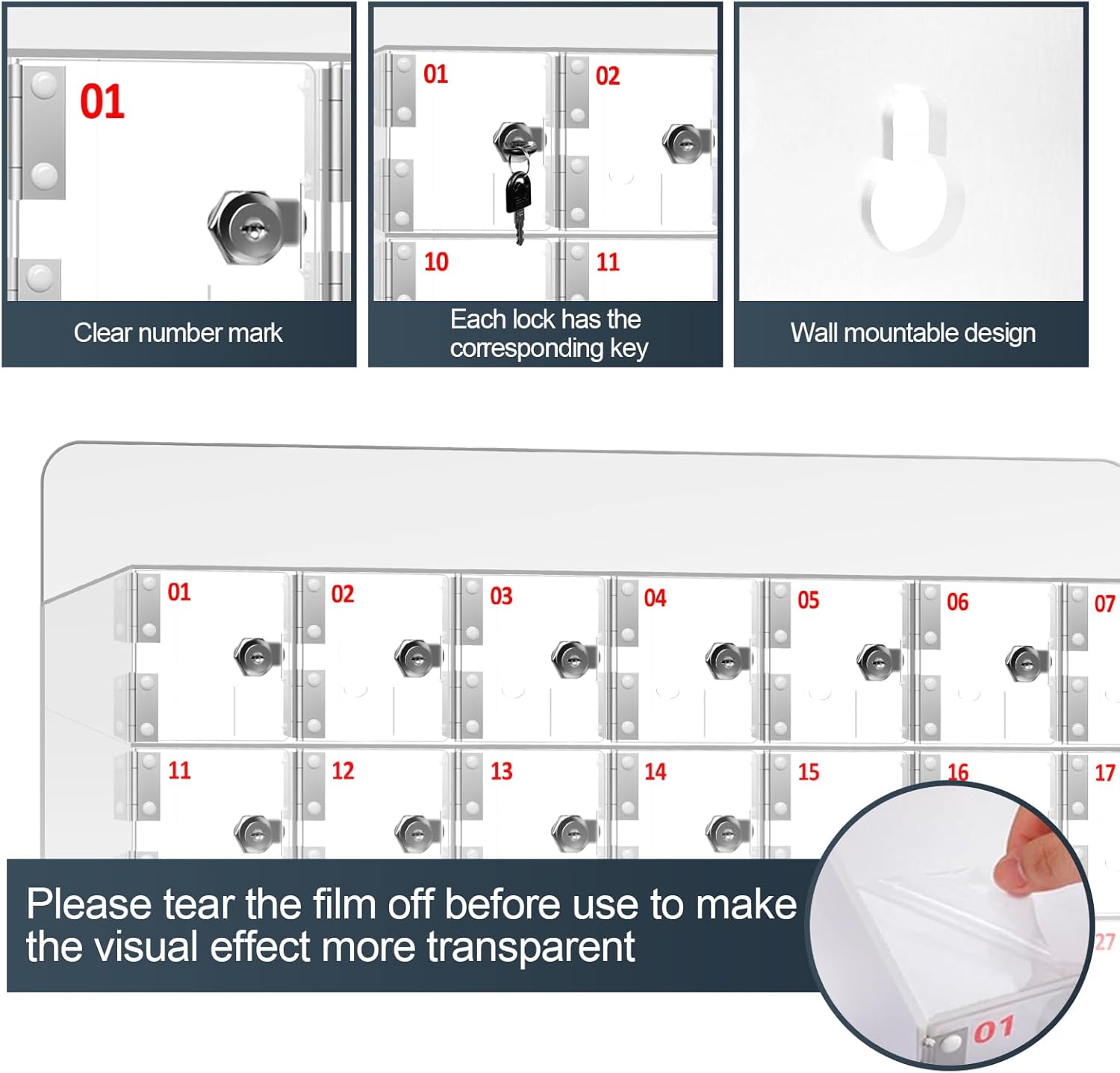 100 A Slots Cell Phone Locker Box, Clear Phone Storage, Acrylic Cell Phone Lock Box with Door Locks and Keys, Wall Mounted Cell Phones Cabinet for Office School Classroom Factory