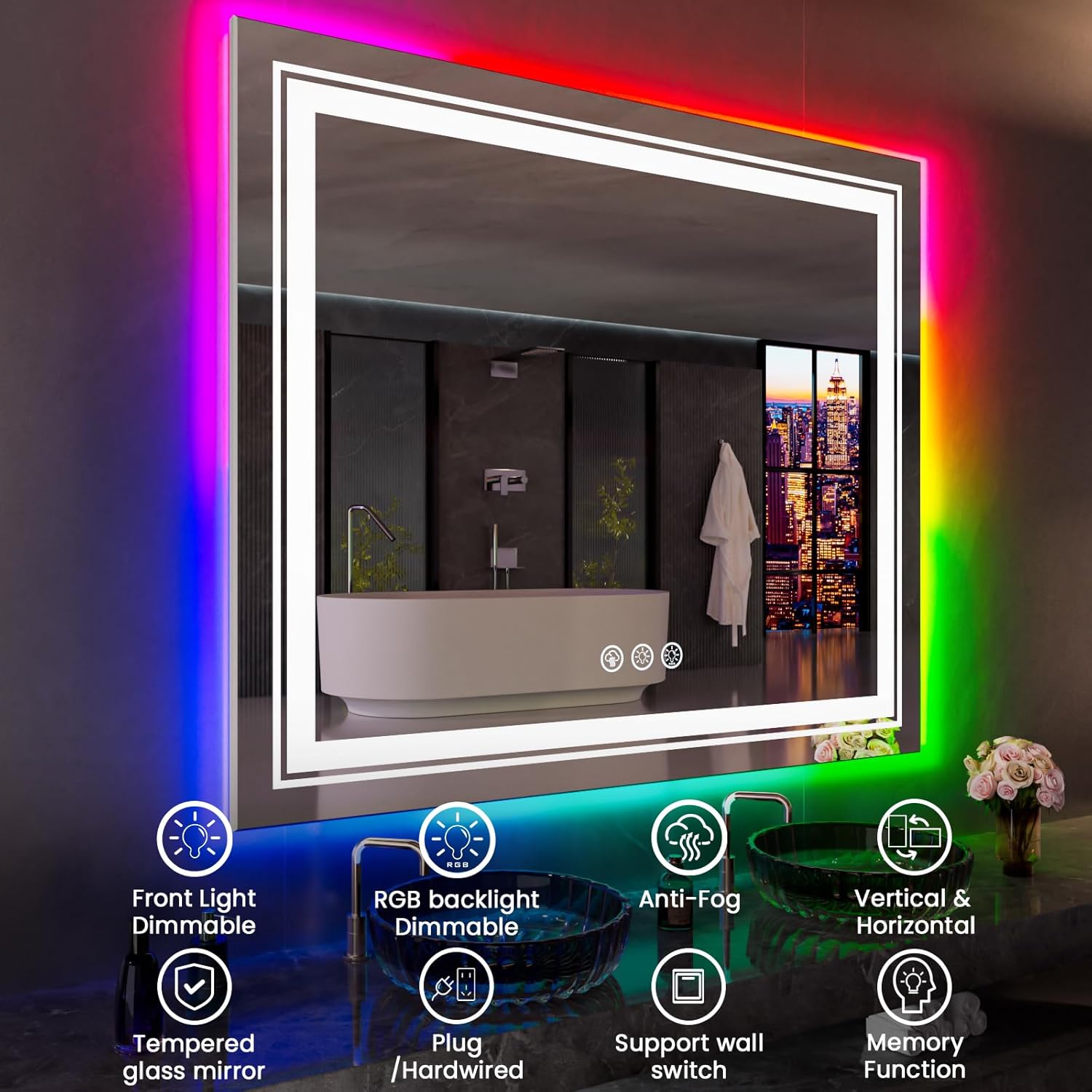 LED Mirror for Bathroom, 72"X32" with 8 RGB Backlit +3 Front Lit (Adjustable Individually), Anti-Fog, Large Lighted Bathroom Vanity Mirror for Wall,Shatterproof,Memory Function,Tempered Glass