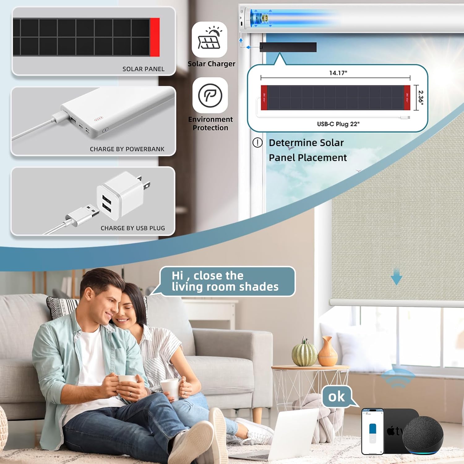 SmartWings Motorized Roller Shades Work with Homekit, 100% Blackout Smart Blinds for Windows, Cordless Remote Control Window Shades, Vigor Cream, Customized Size