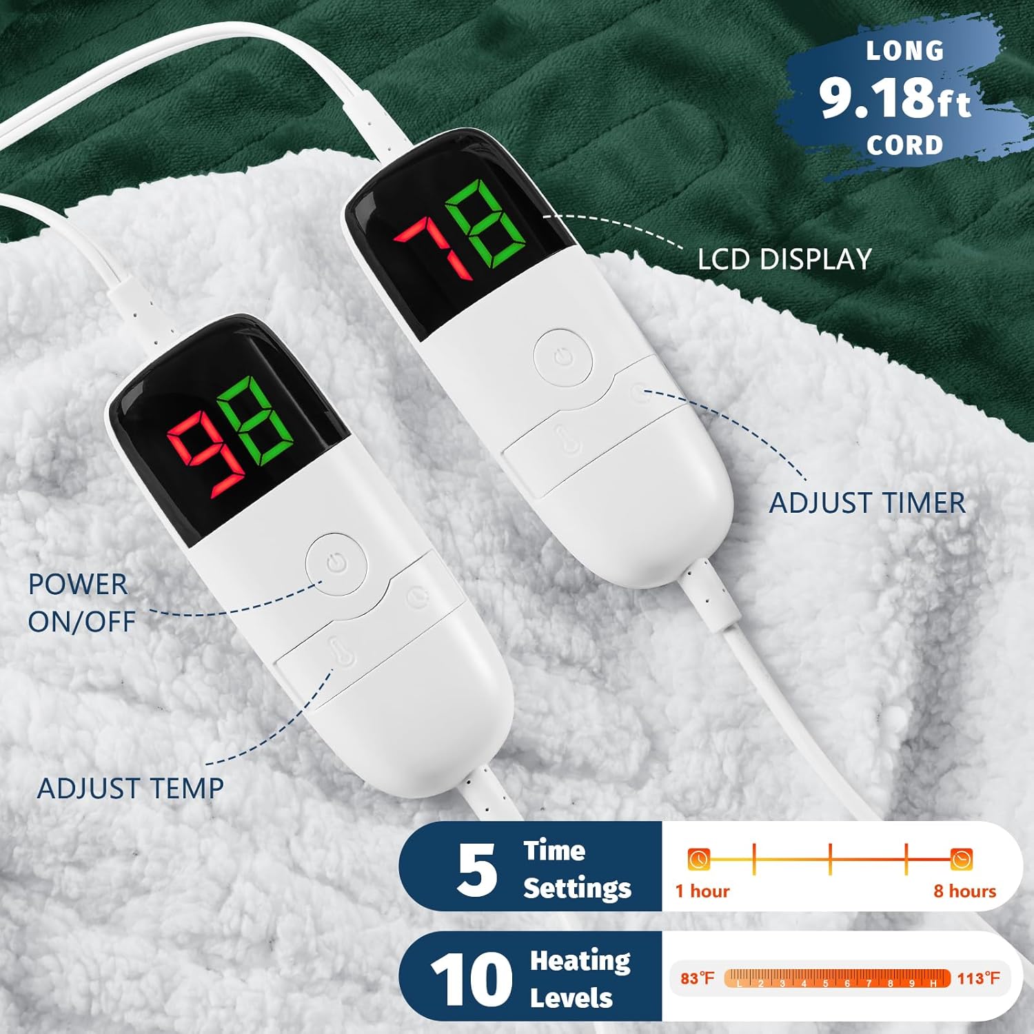 Heated Electric Blanket King Size - 90" x 100" Heating Blanket with Dual Control, 10 Heating Levels & 8 Hours Auto Off, Soft Warm Flannel Blanket, Christmas Birthday Gifts for Senior Grandma