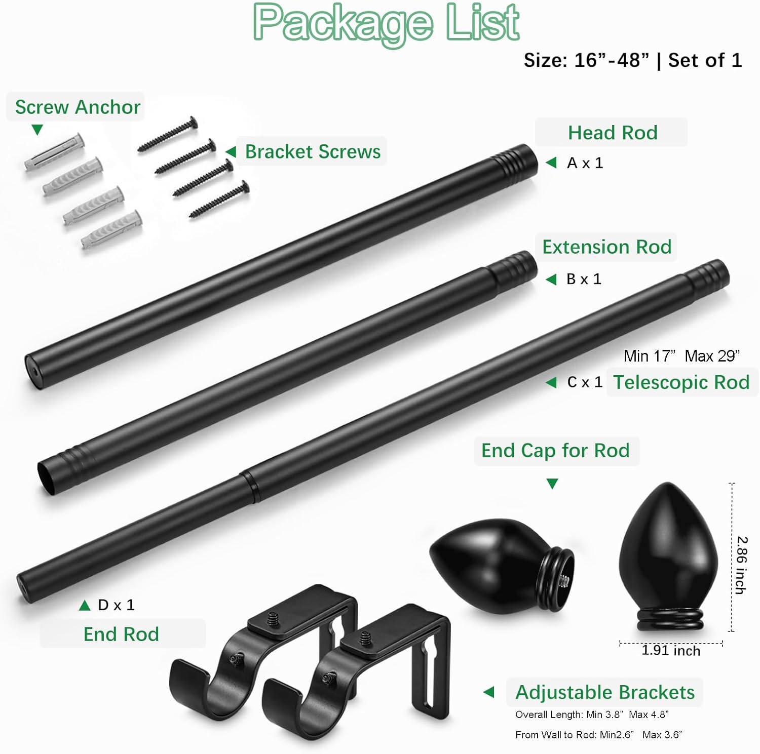 Curtain Rods for Windows 16 to 48 inches, Curtain Rod Max Adjustable Length to 60 in, Drapery Rod 1 inch Diameter with Modern Knobs Finials (Black, 16" to 48" - Set of 1)