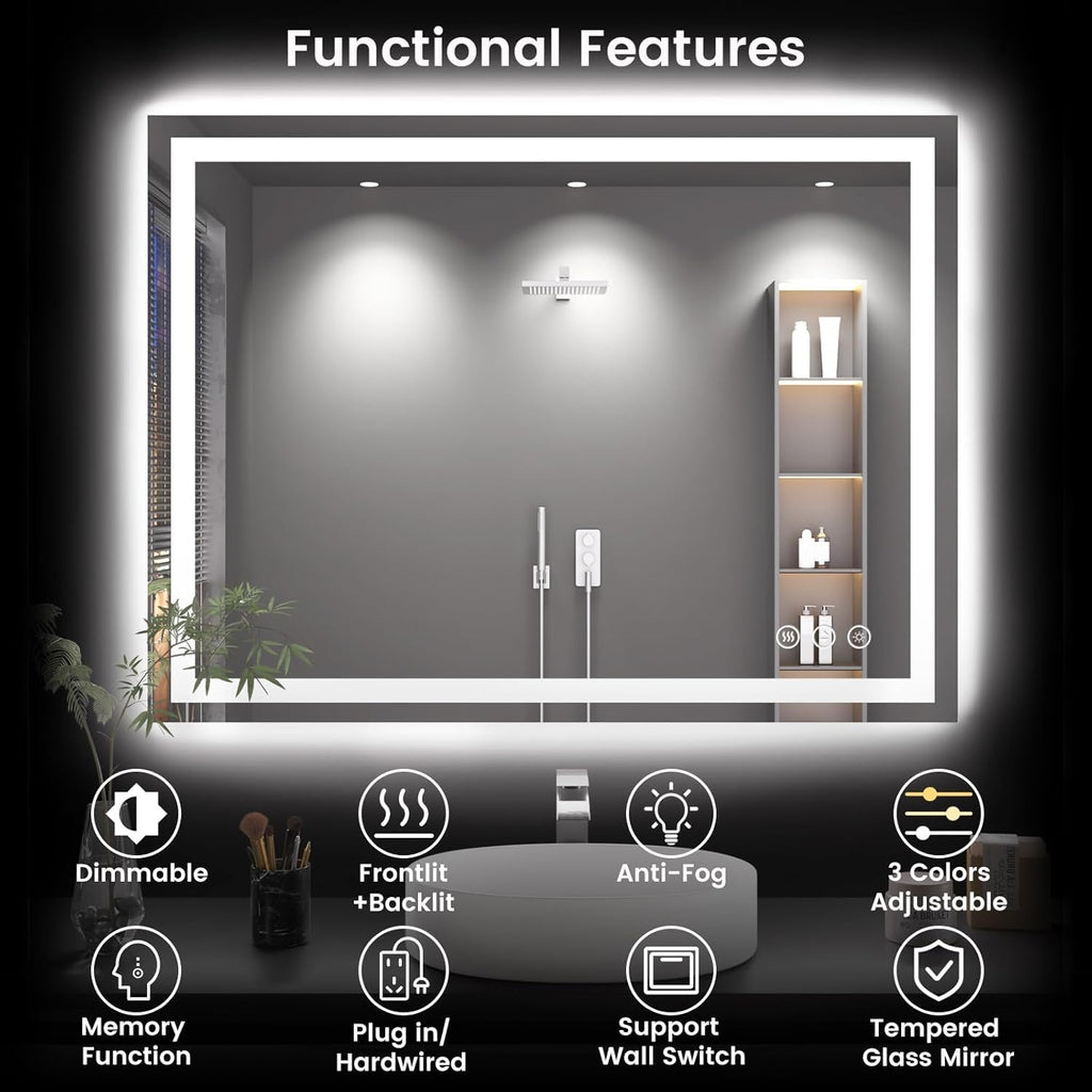 48X40 LED Bathroom Mirror with Lights, Anti-Fog, Backlit + Front Lit (CRI>90), Lighted Bathroom Vanity Mirror for Wall, Memory Function, Dimmable, Tempered Glass, Shatter-Proof