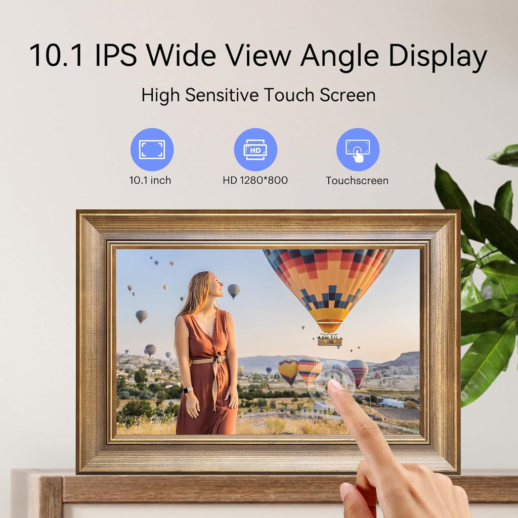 10.1 Inch Wood Finish Digital Picture Frame, Smart WiFi Digital Photo Frame, 1280x800 IPS HD Touchscreen – Effortlessly Share Photos and Videos from Anywhere