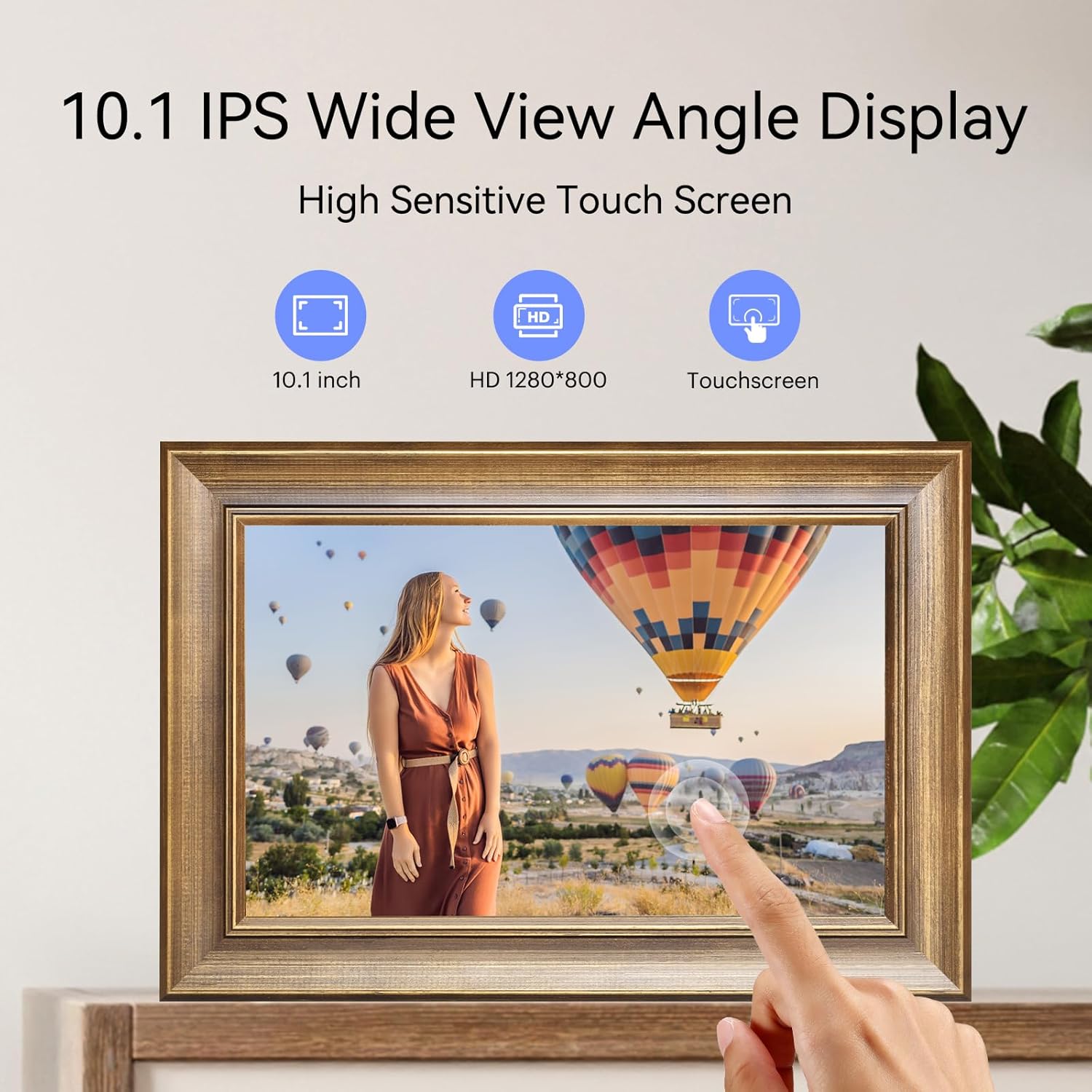 10.1 Inch Wood Finish Digital Picture Frame, Smart WiFi Digital Photo Frame, 1280x800 IPS HD Touchscreen – Effortlessly Share Photos and Videos from Anywhere