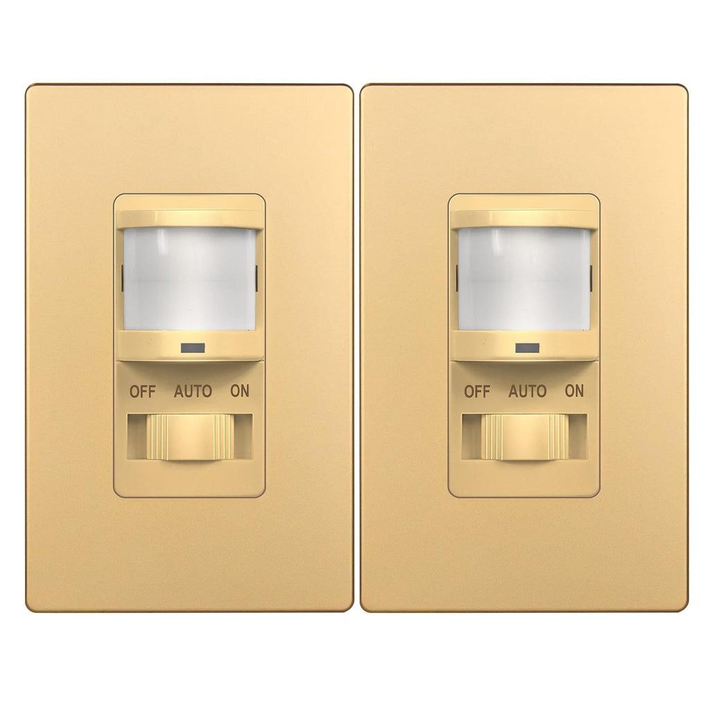TOPGREENER in Wall PIR Motion Sensor Light Switch, Occupancy Sensor Switch, 𝐍𝐞𝐮𝐭𝐫𝐚𝐥 𝐖𝐢𝐫𝐞 𝐑𝐞𝐪𝐮𝐢𝐫𝐞𝐝, On/Off Override, 𝐒𝐢𝐧𝐠𝐥𝐞 𝐏𝐨𝐥𝐞, 4A, 500W, TSOS5-GDSWP,Gold,2 Pack