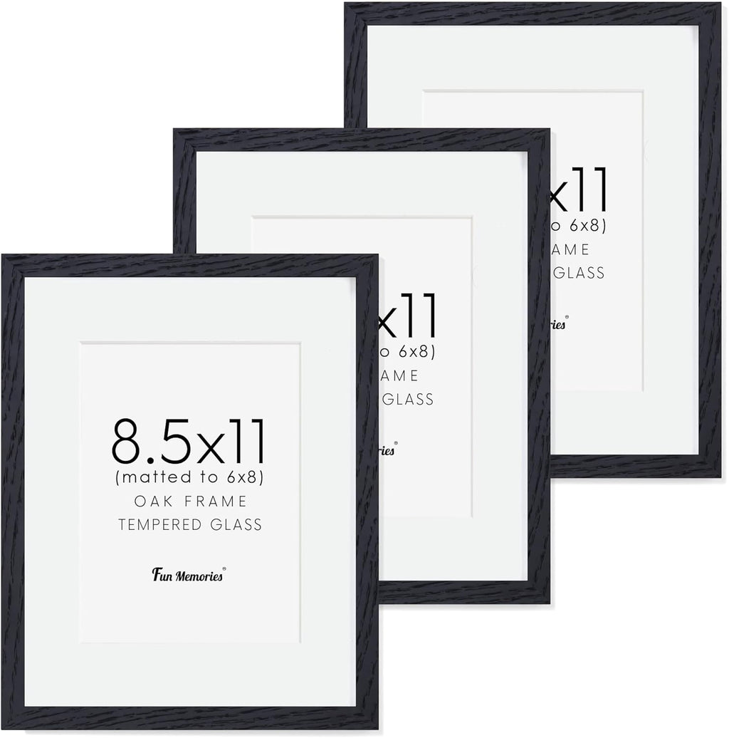 Fun Memories Solid Oak Wood Frame 8.5x11 With Real Glass - Display Poster 6x8 With Mat or 8.5x11 Without Mat - Wall Display Photo Frames, Black Color, 3 Pack