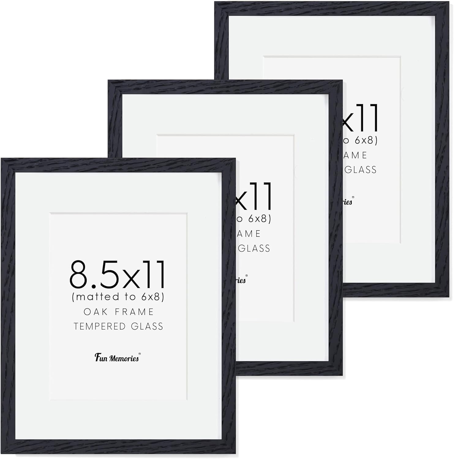 Fun Memories Solid Oak Wood Frame 8.5x11 With Real Glass - Display Poster 6x8 With Mat or 8.5x11 Without Mat - Wall Display Photo Frames, Black Color, 3 Pack