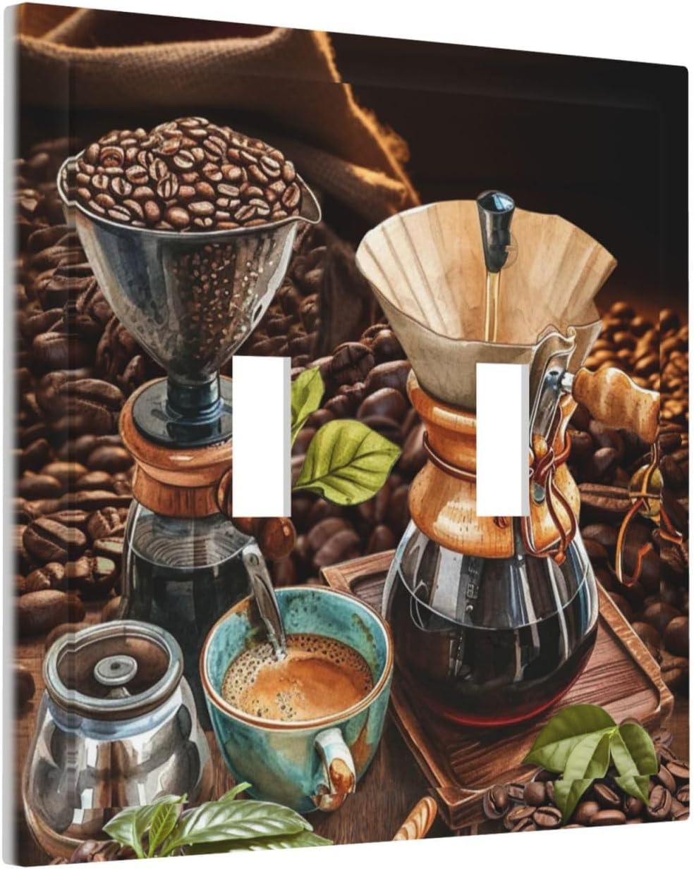 Decorative Light Switch Cover Plate Retro Coffee Maker Beans Cup 2 Gang Wall Plate Oversized Double Toggle Two Switch Wall Cover Plate Dual Device Faceplate
