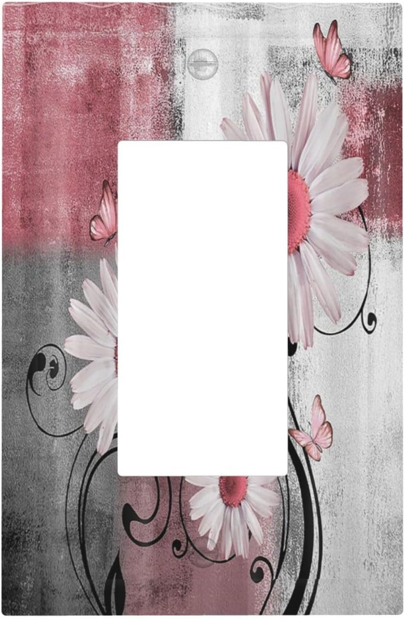 Decorative Outlet Covers Pink Floral Rustic Daisy Flower And Butterfly 1 Gang Single Rocker Light Switch Cover Plate Wall Plates GFCI Faceplate for Farmhouse Cabin Decor