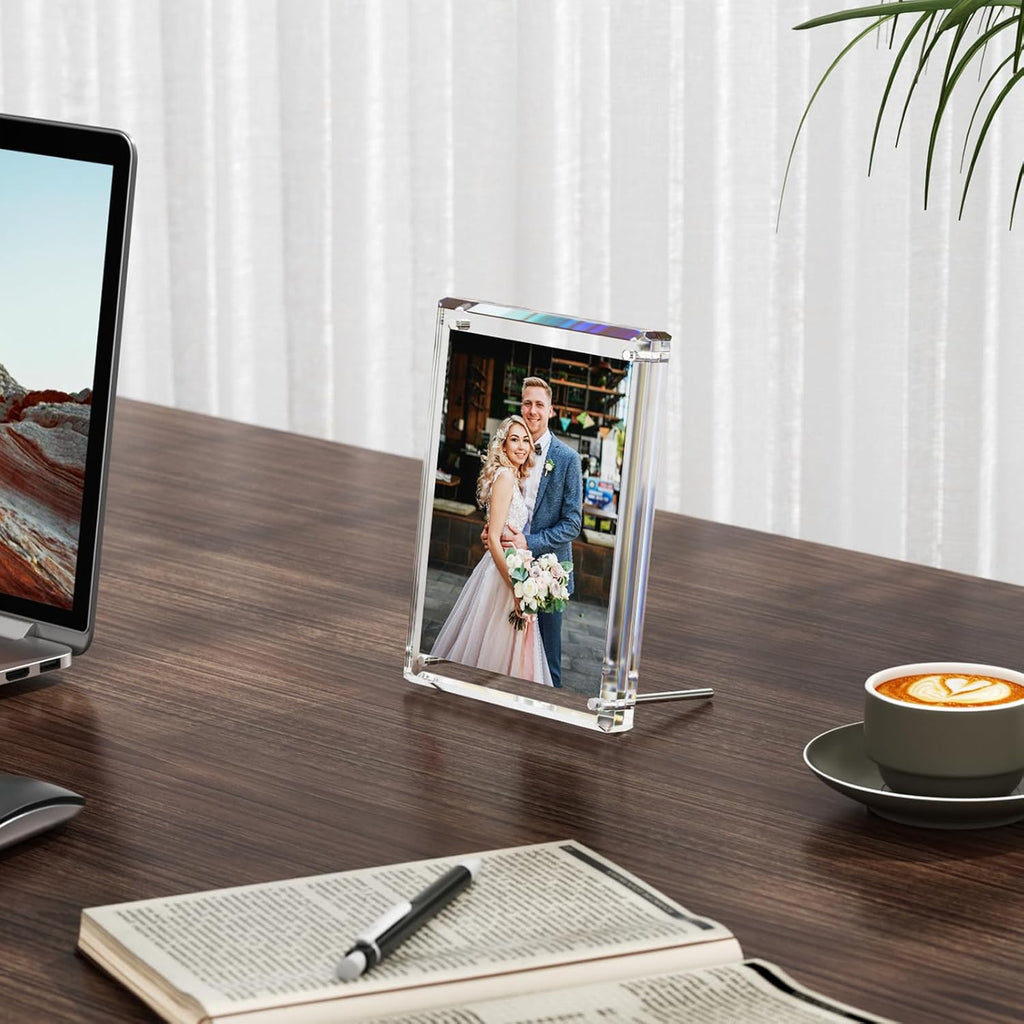 NIUBEE 4x6 Acrylic Picture Frames, Clear Photo Frame for Living Room, Diamond Edge Design, 1 Pack Portrait or Landscape Magnetic Family Thick Desktop Frameless Frame