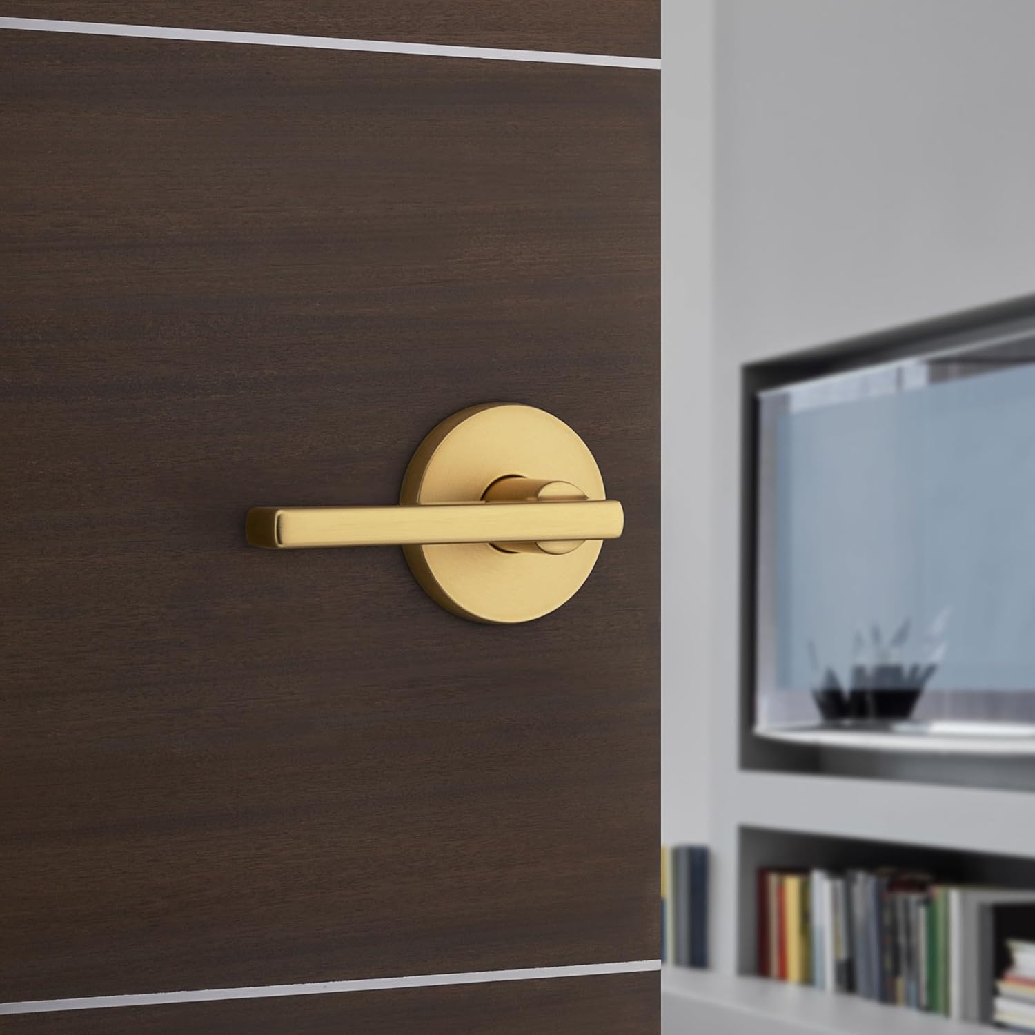 Kwikset Halifax Interior Privacy Door Handle with Lock, Door Lever for Bathroom and Bedroom, Satin Brass Reversible Keyless Push Button Lock Door Lever, with Microban Protection