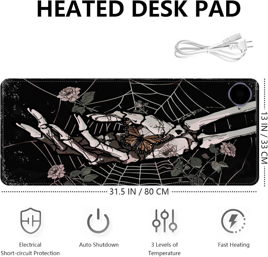 Heated Mouse Pad with 3 Levels Heated & 3 Hours Auto Shut-Off Mouse Pad for Warming Hands in Office Home, 31.5" x 13"Large Safe Desk Mat Hand Warmer，Skeleton Hand Spider Web