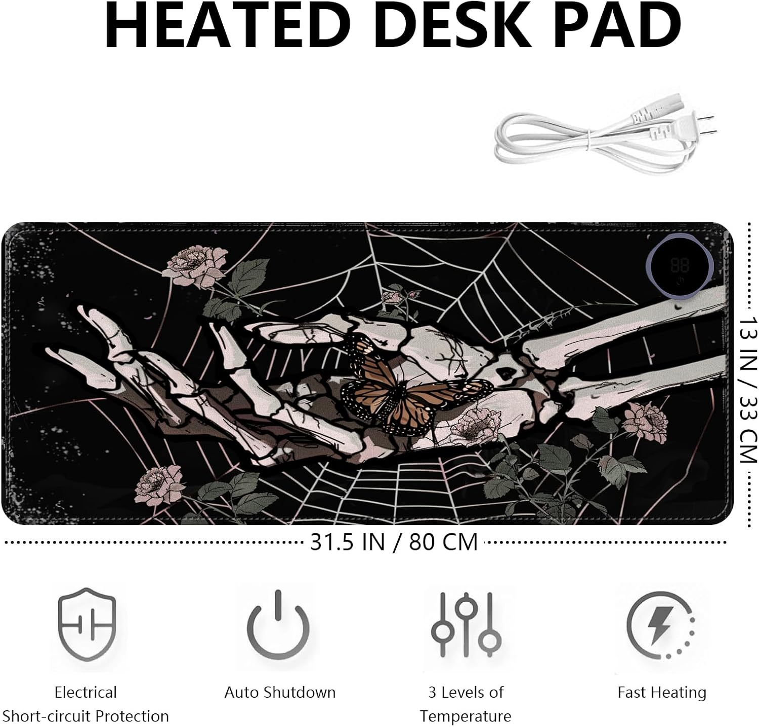 Heated Mouse Pad with 3 Levels Heated & 3 Hours Auto Shut-Off Mouse Pad for Warming Hands in Office Home, 31.5" x 13"Large Safe Desk Mat Hand Warmer，Skeleton Hand Spider Web