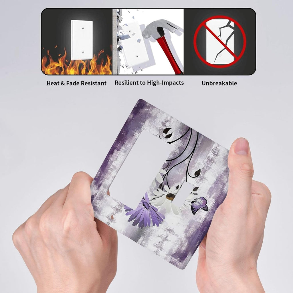 Purple Daisy White Floral Butterfly Flowers 2 Gang Combo 1 Toggle 1 Rcoker Light Switch Covers Decorative Switch Plates Electrical Switch Plates and Outlet Covers for Home Art Decor 4.5 X 4.5 IN
