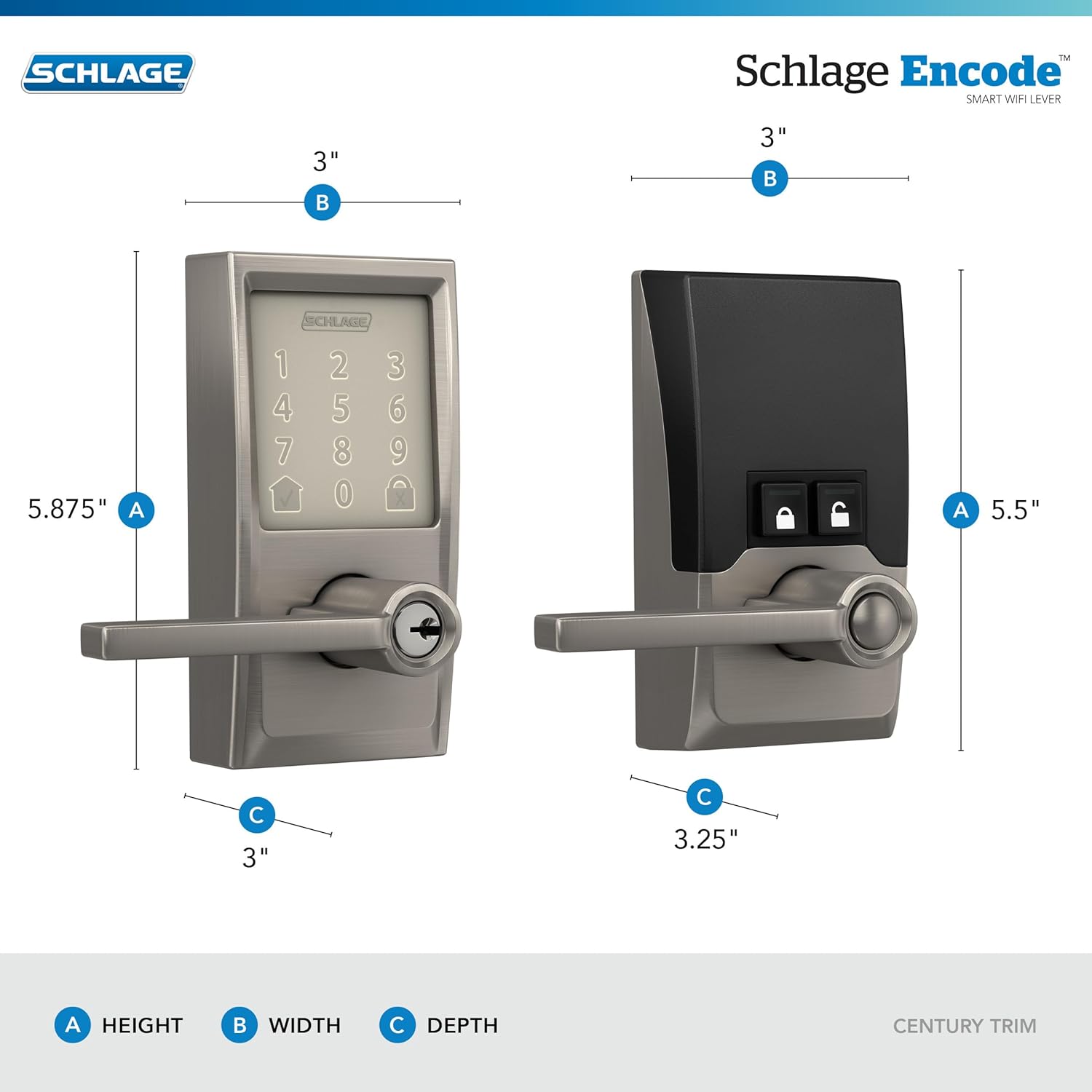 Schlage FE789WBCEN619LAT Encode Century WiFi Latitude Lever Smart Keyless Entry Touchscreen Door Lock, Satin Nickel