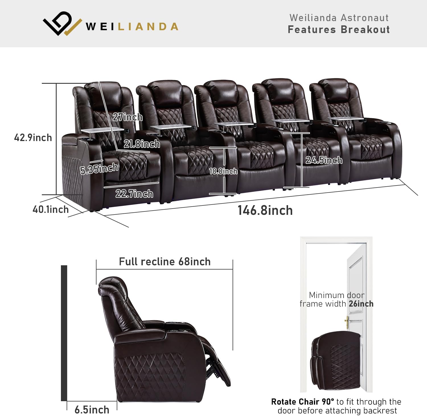 Weilianda Home Theater Seating Top Grain Leather Zero Gravity Recliner Chair Power Headrest Recline Movie Seat Gaming 7 Colors Mood Light Sofa with Tray Table USB Charge Row of 5 Brown