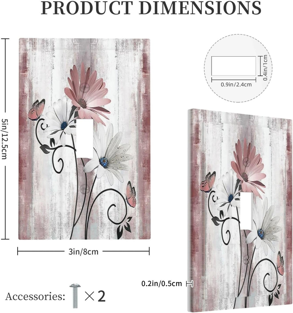 Decorative Light Switch Cover Pink White Daisy Butterfly Wood Grain 1 Gang Single Toggle Device Electrical Faceplate Switchplates Decorator Outlet Wall Plate for Farmhouse Bathroom Decor