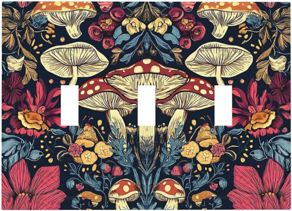 Decorative Light Switch Cover Plate Coloful Red Yellow Orange Magical Mushroom Forest 3 Gang Wall Plate Triple Toggle Switch Plate Covers Electrical Outlet Cover for Bedroom Home Decor