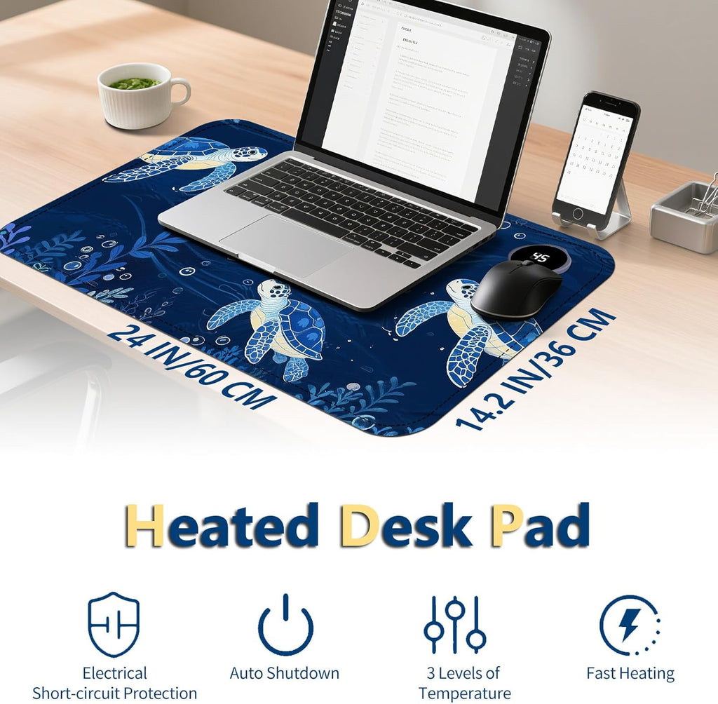 Heated Mouse Pad with 3 Temperature Settings(104°F–122°F),Large 24x14.2 Inch PU Leather Heated Desk Mat,Waterproof Warming Pad for Office,Gaming & Cold Hands Relief,Blue Sea Turtle