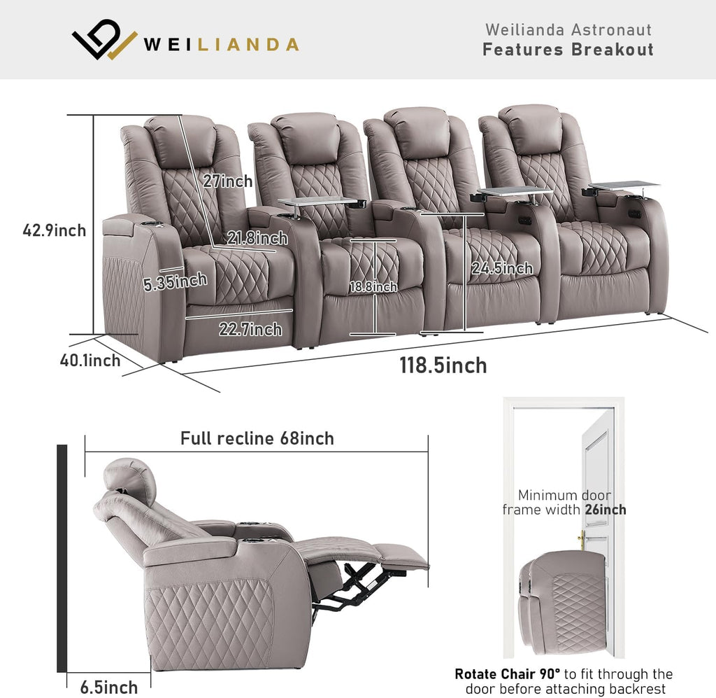 Weilianda Home Theater Seating Top Grain Leather Zero Gravity Recliner Chair Power Headrest Recline Movie Seat Gaming 7 Colors Mood Light Sofa with Tray Table USB Charge Row of 4 Grey